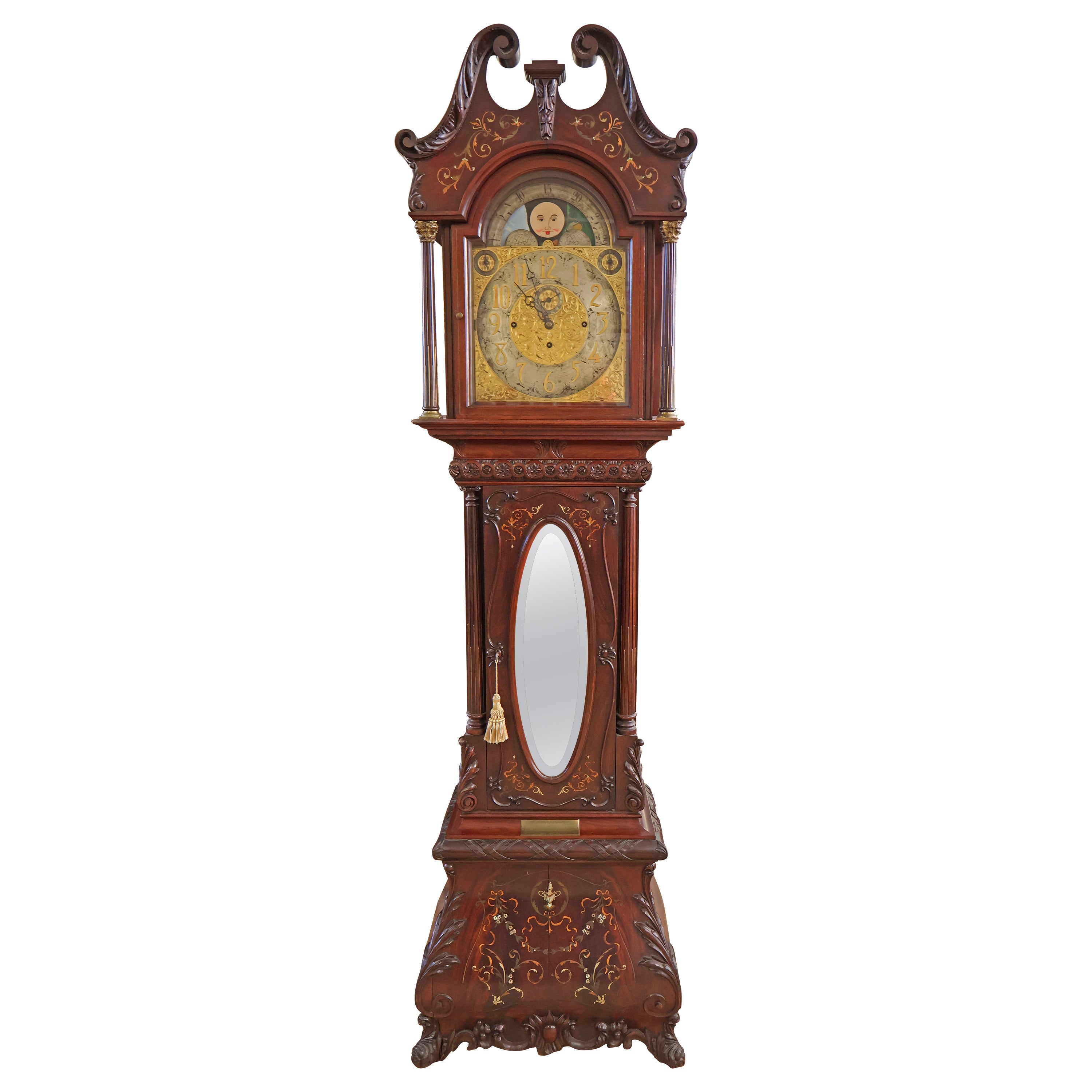 19th Century J.J Elliott Inlaid Brass Mahogany & Mother of Pearl Tall Case Clock For Sale
