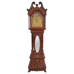 Antique 19th Century J.J Elliott Inlaid Brass Mahogany & Mother of Pearl Tall Case Clock