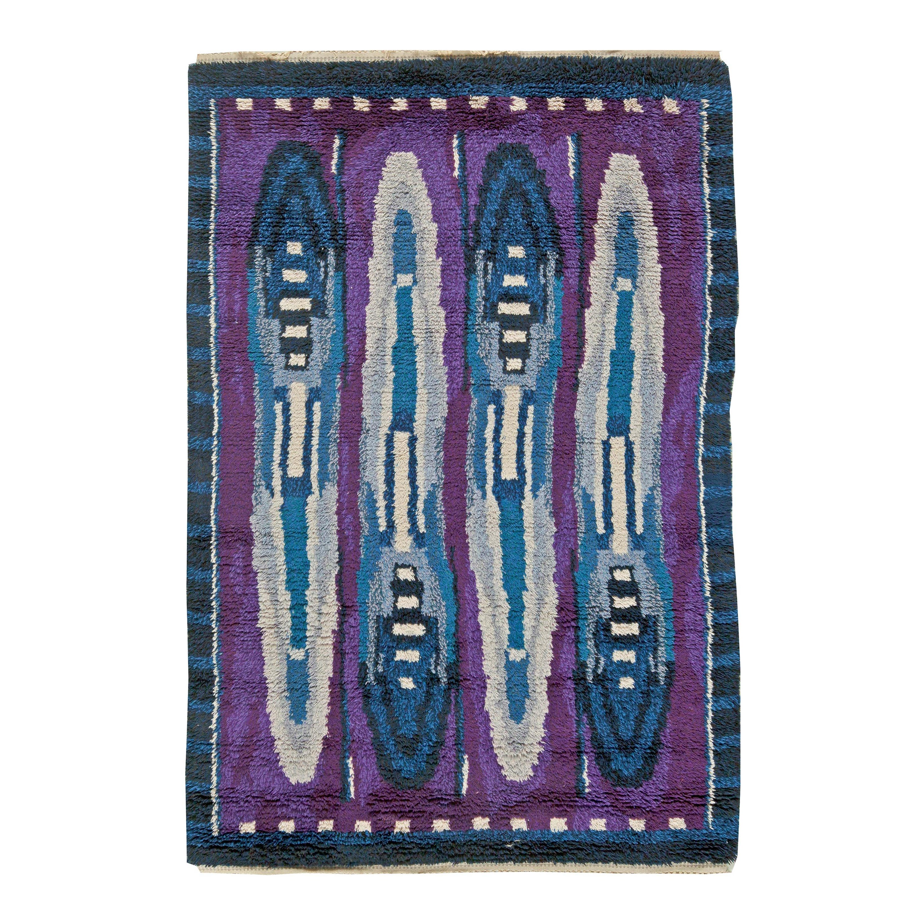 Vintage Rya Blue and Purple Handmade Wool Rug For Sale