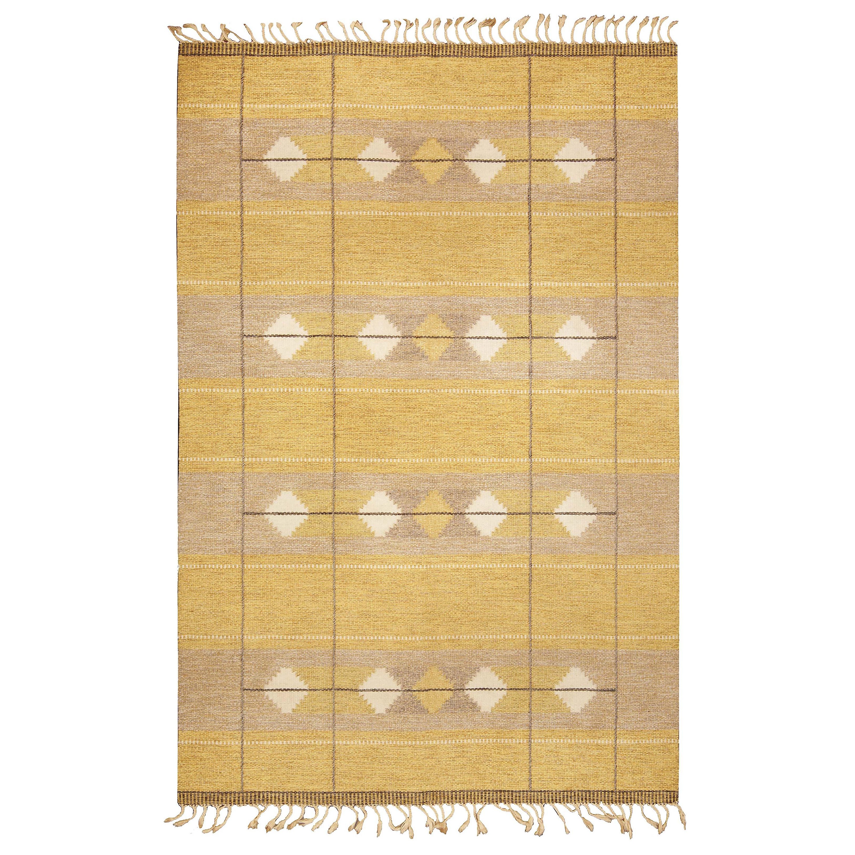 Midcentury Swedish Yellow Flat-Weave Wool Rug For Sale