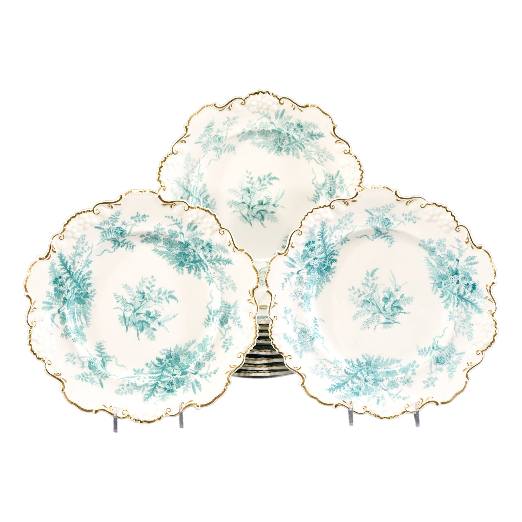  13 Davenport 19th c.  Dessert Set W/ Aesthetic Movement Teal Blue Fern Subjects