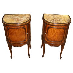 French Louis XV Style Marble Top Kingwood End Table Nightstands Circa 1920's