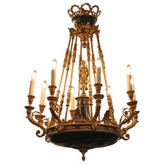 Excellent lustre de style Empire français à 8 feux en bronze, fabriqué en Italie, 42 x 30