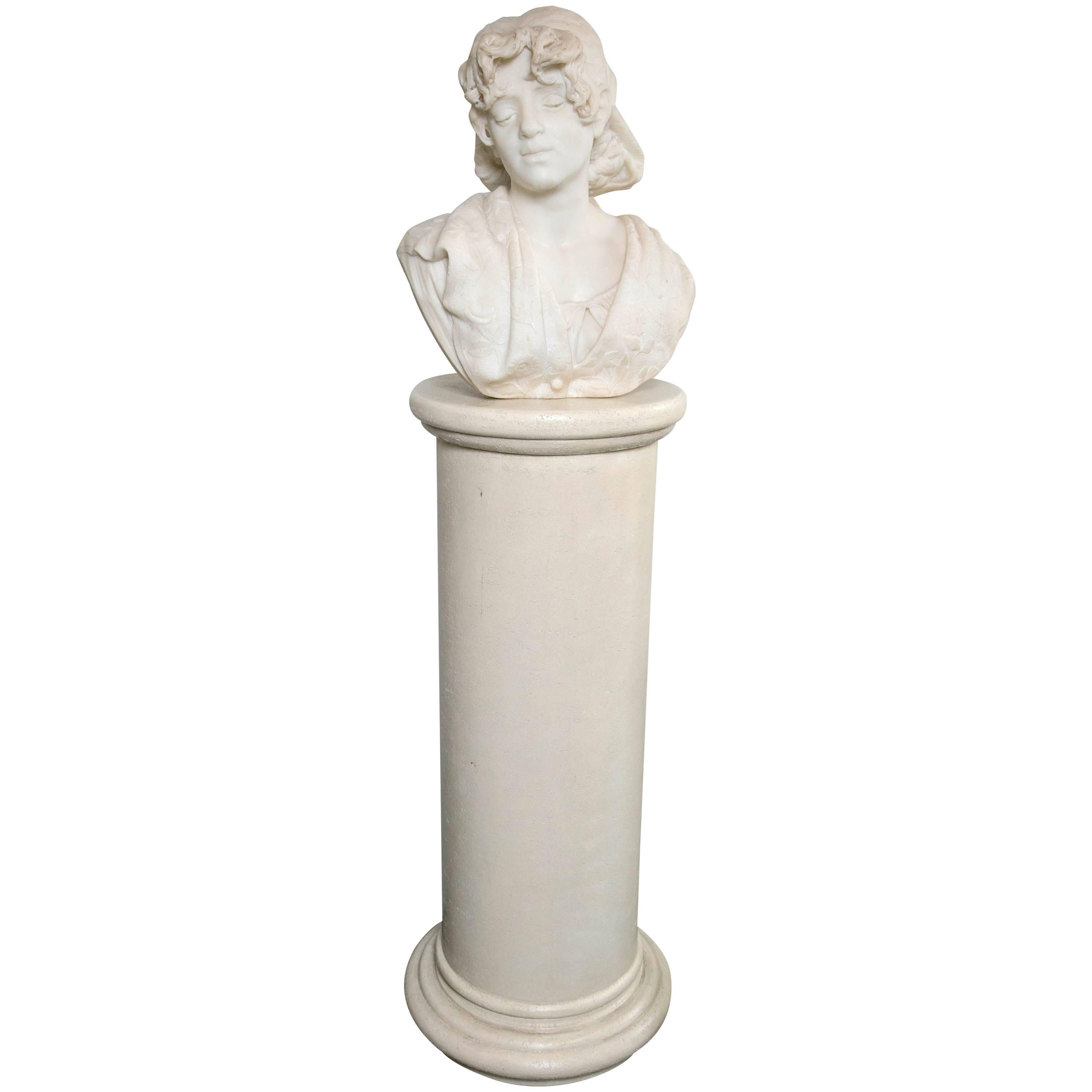 Carved White Marble Bust of a Young Lady For Sale