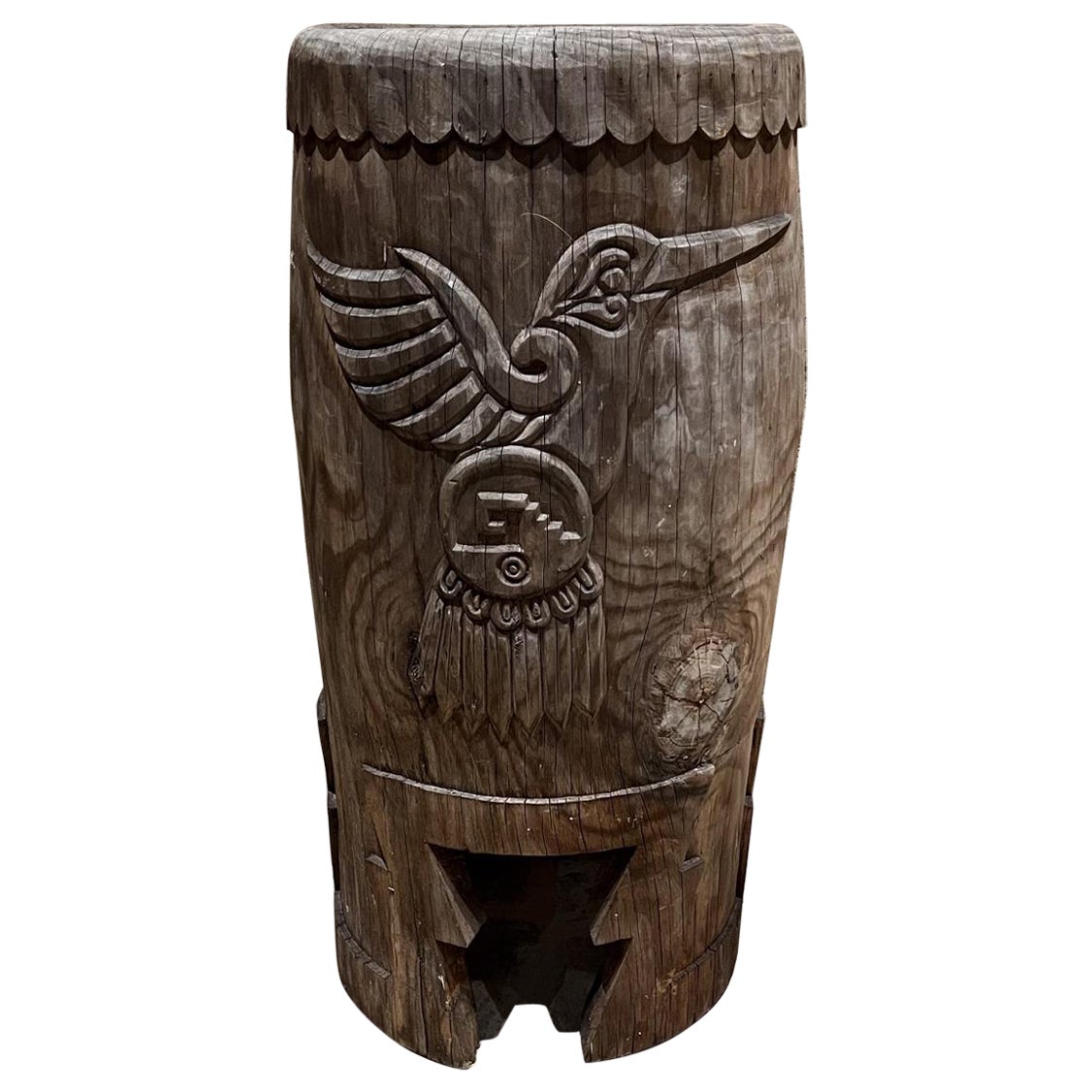 Native Aztec Music Dance Drum Carved Wood Pedestal Mexico