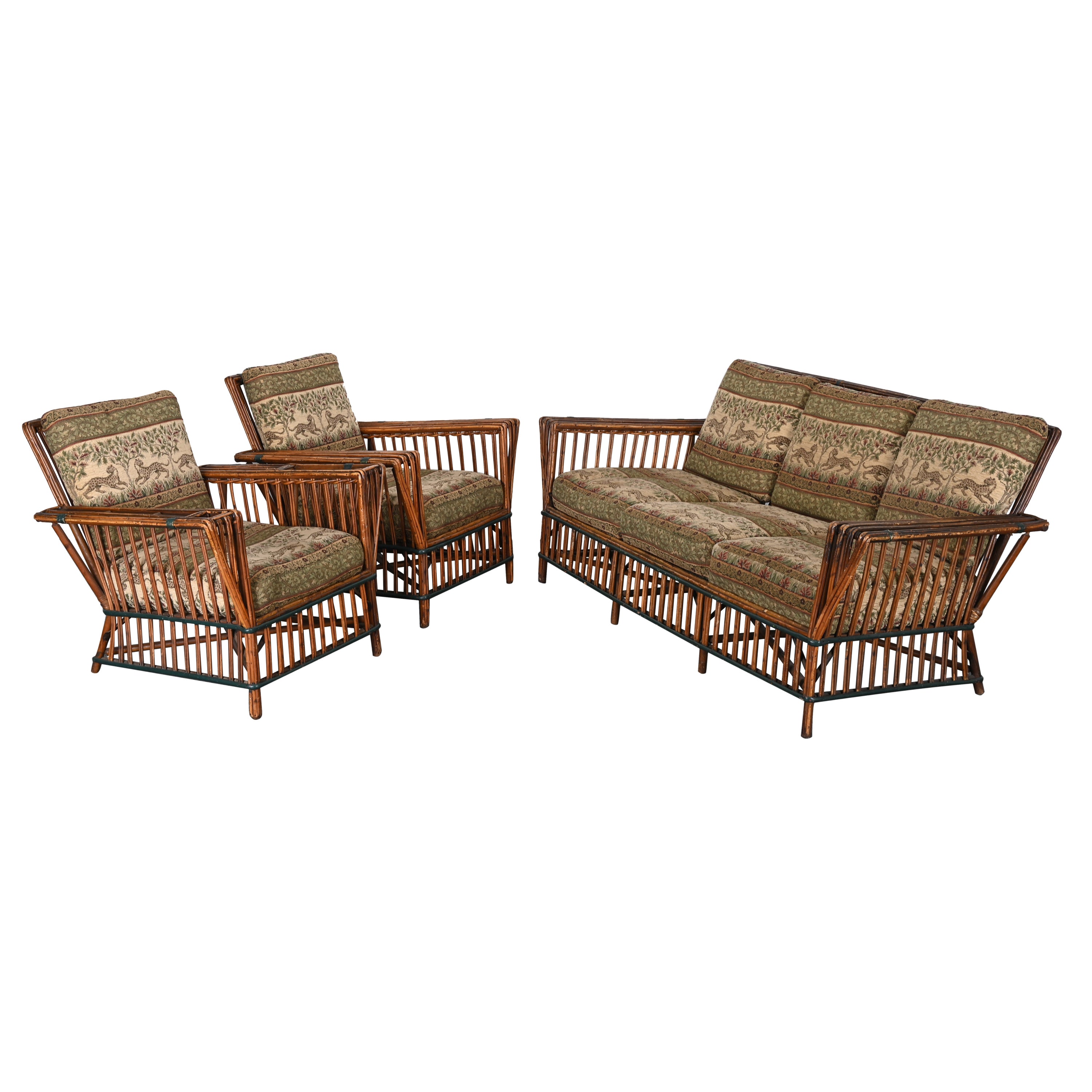 Art Deco Split Ypsilanti Stick Reed Wicker or Sofa with Pair Arm Chairs c. 1930s For Sale
