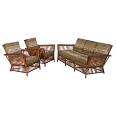 Used Art Deco Split Ypsilanti Stick Reed Wicker or Sofa with Pair Arm Chairs c. 1930s