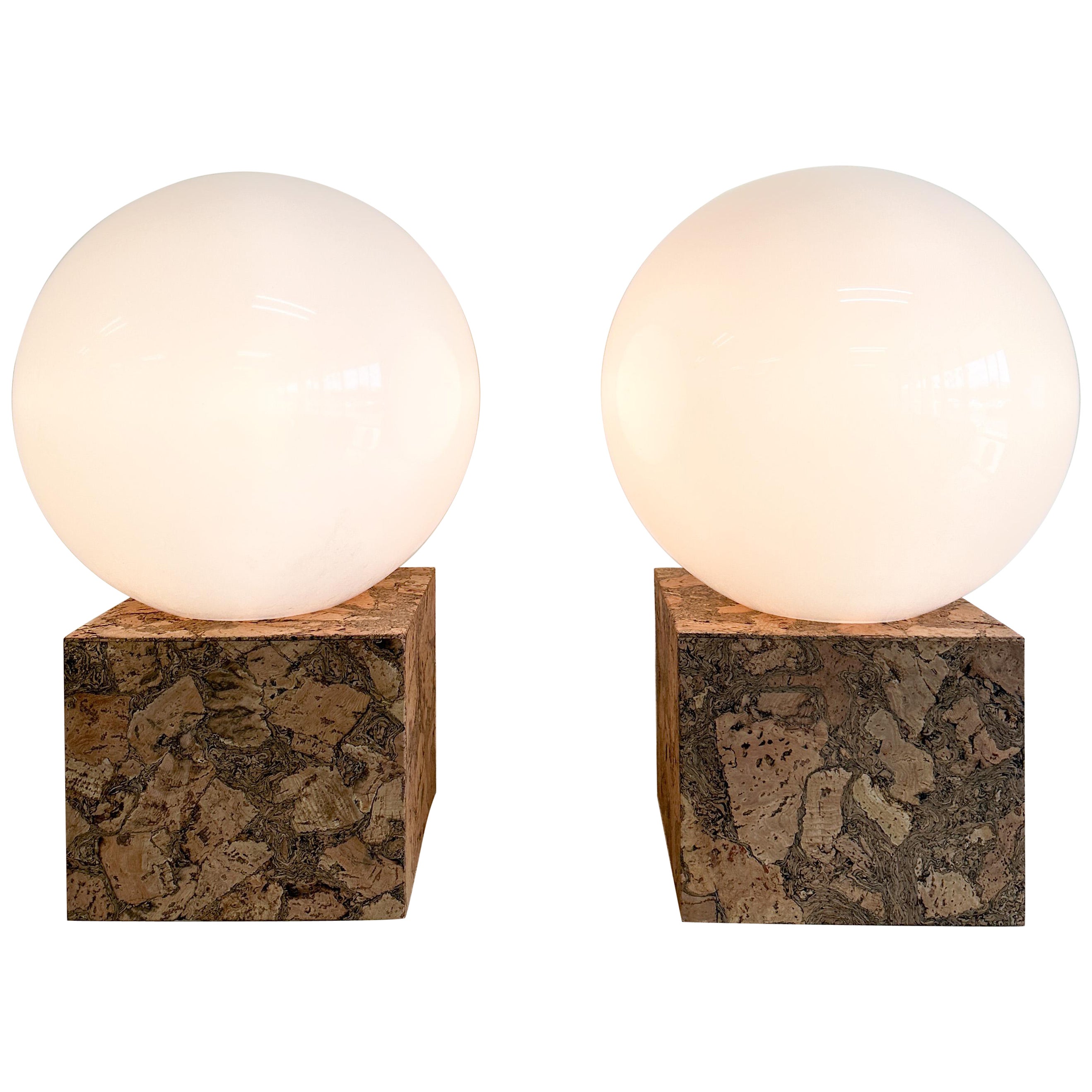 Pair Of Vintage Inspired Cork And Acrylic Globe Lamps For Sale