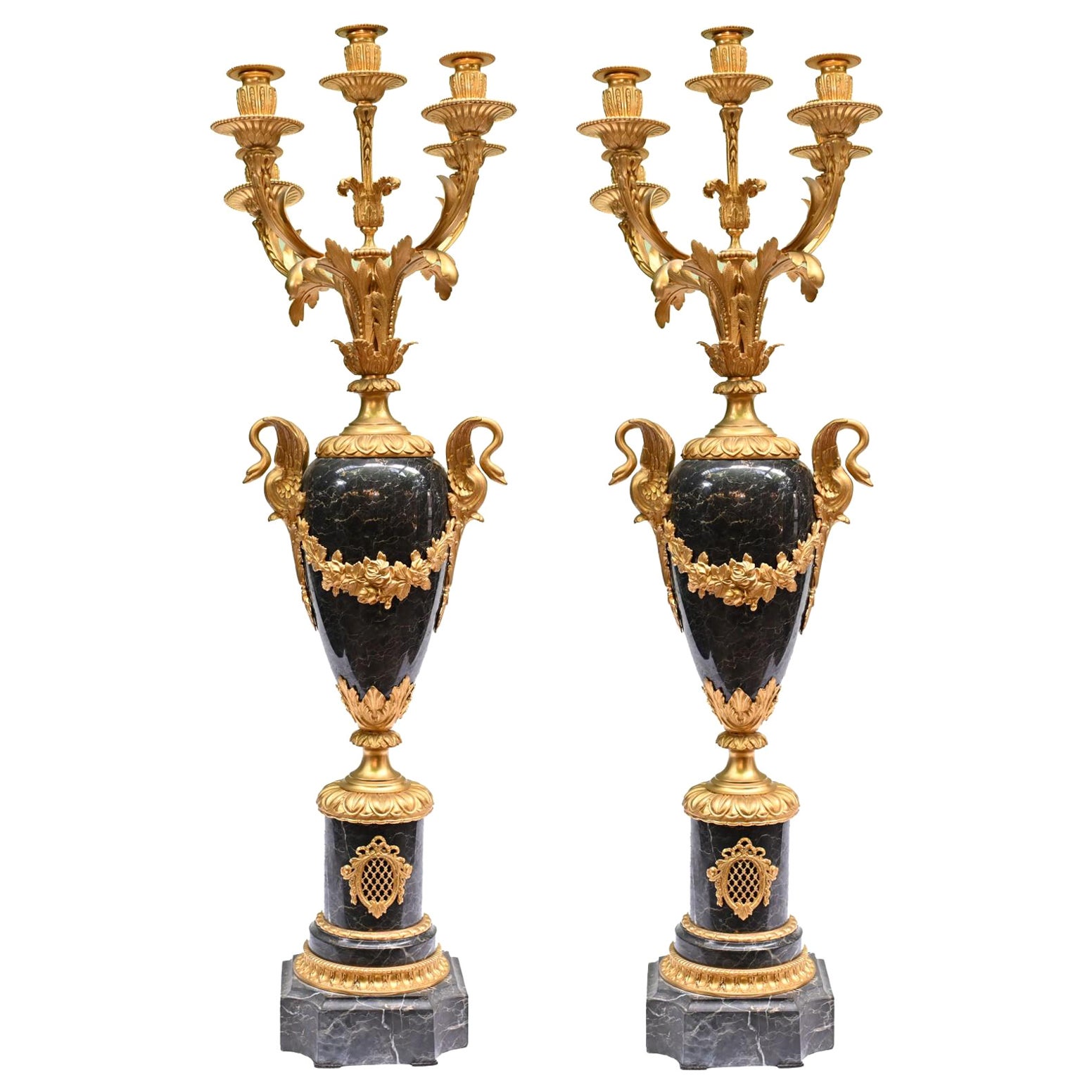 Pair Empire Gilt Candelabras Marble Urns 1870 French Antiques For Sale