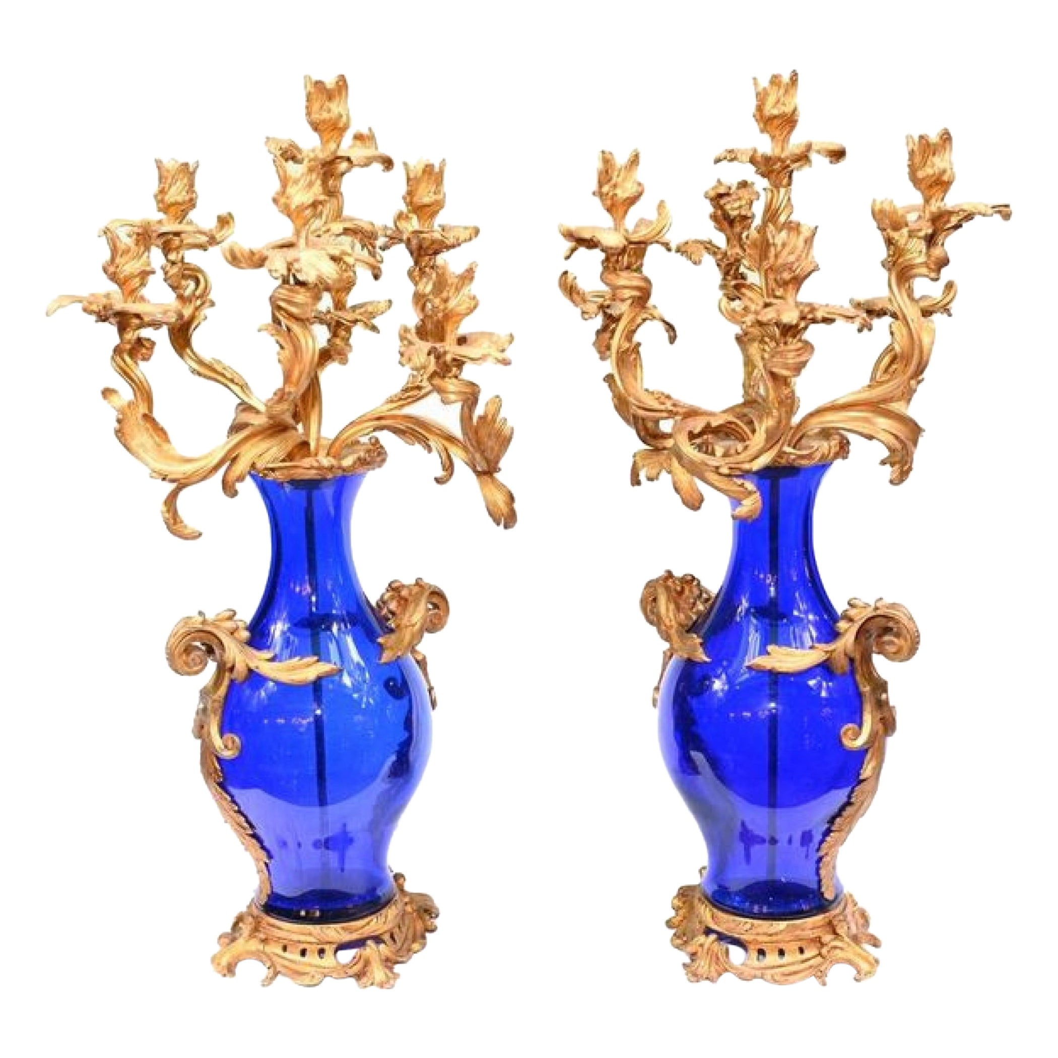 Pair French Gilt Candelabras Glass Urns 1910 Rococo For Sale
