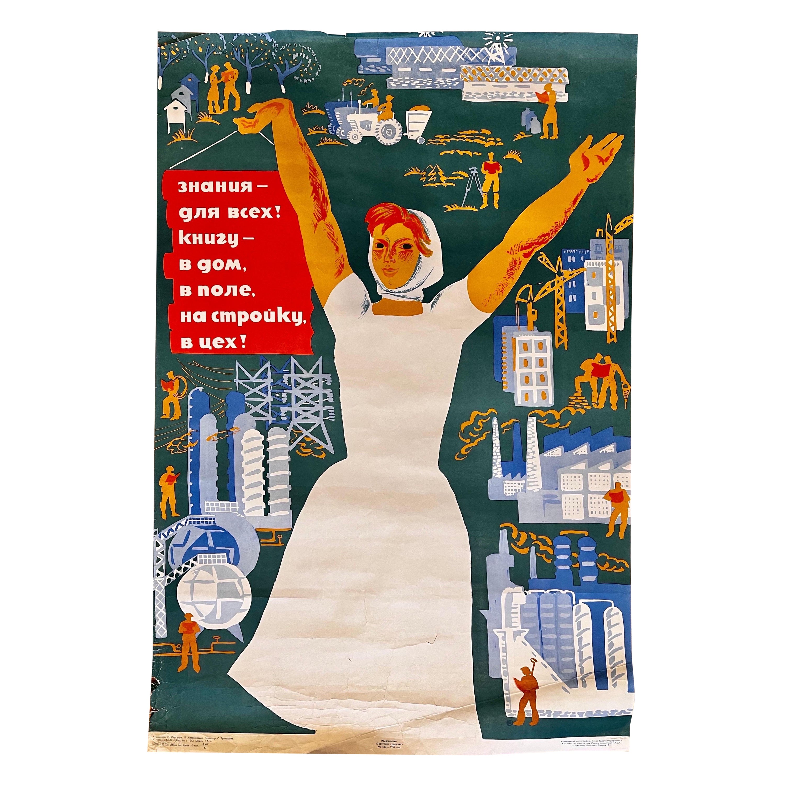 Affiche soviétique vintage originale  « Reading Books and be Educated » 1967 en vente