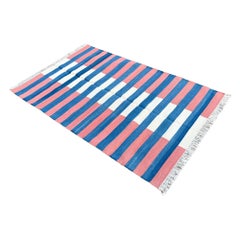 Handgefertigter Flachgewebe-Teppich aus Baumwolle, 3x5 Blau und Rot gestreifter Teppich Indischer Dhurrie