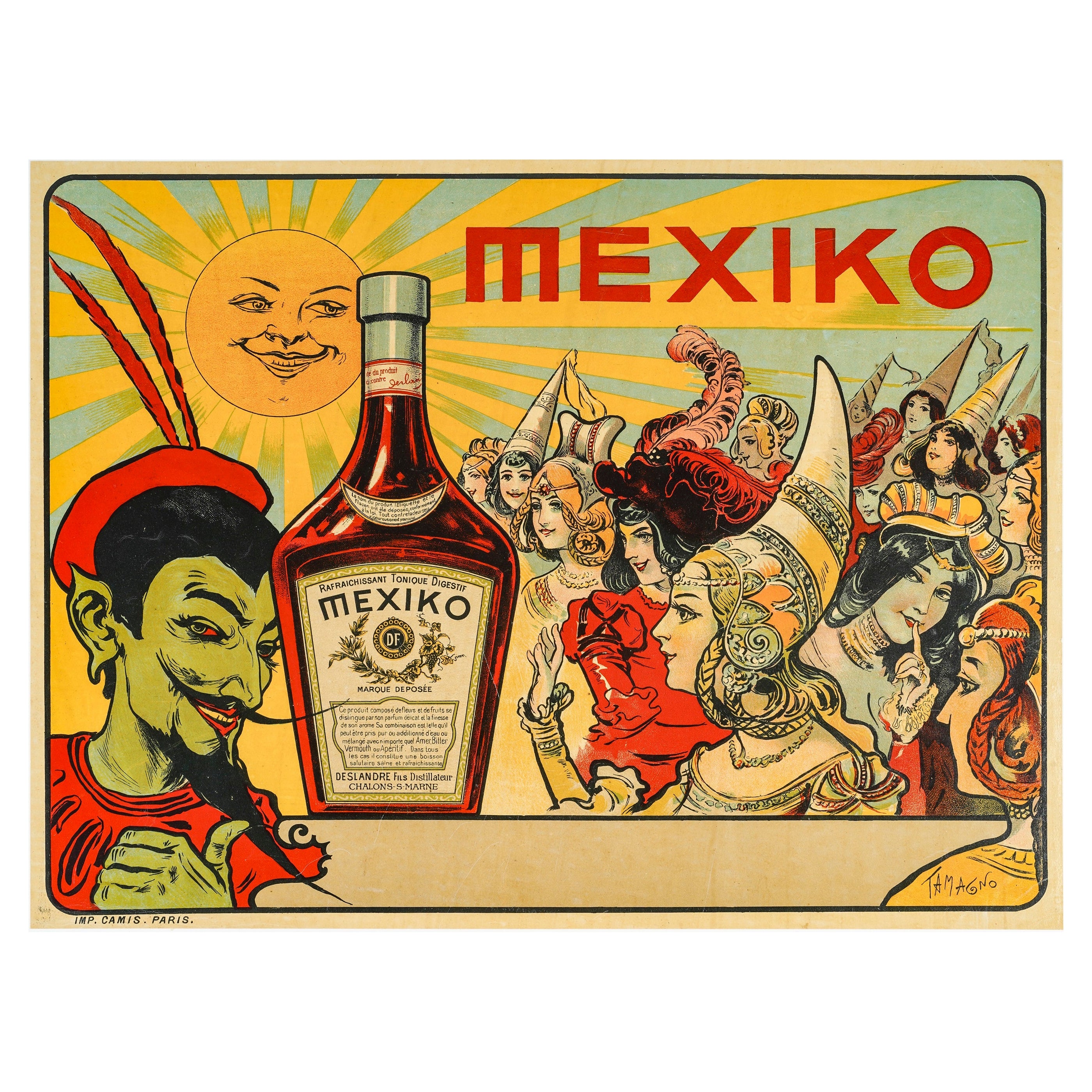 Tamagno, Original Vintage Poster, Mexiko Alcohol, Devil, Sun, Middle Age, 1900 For Sale