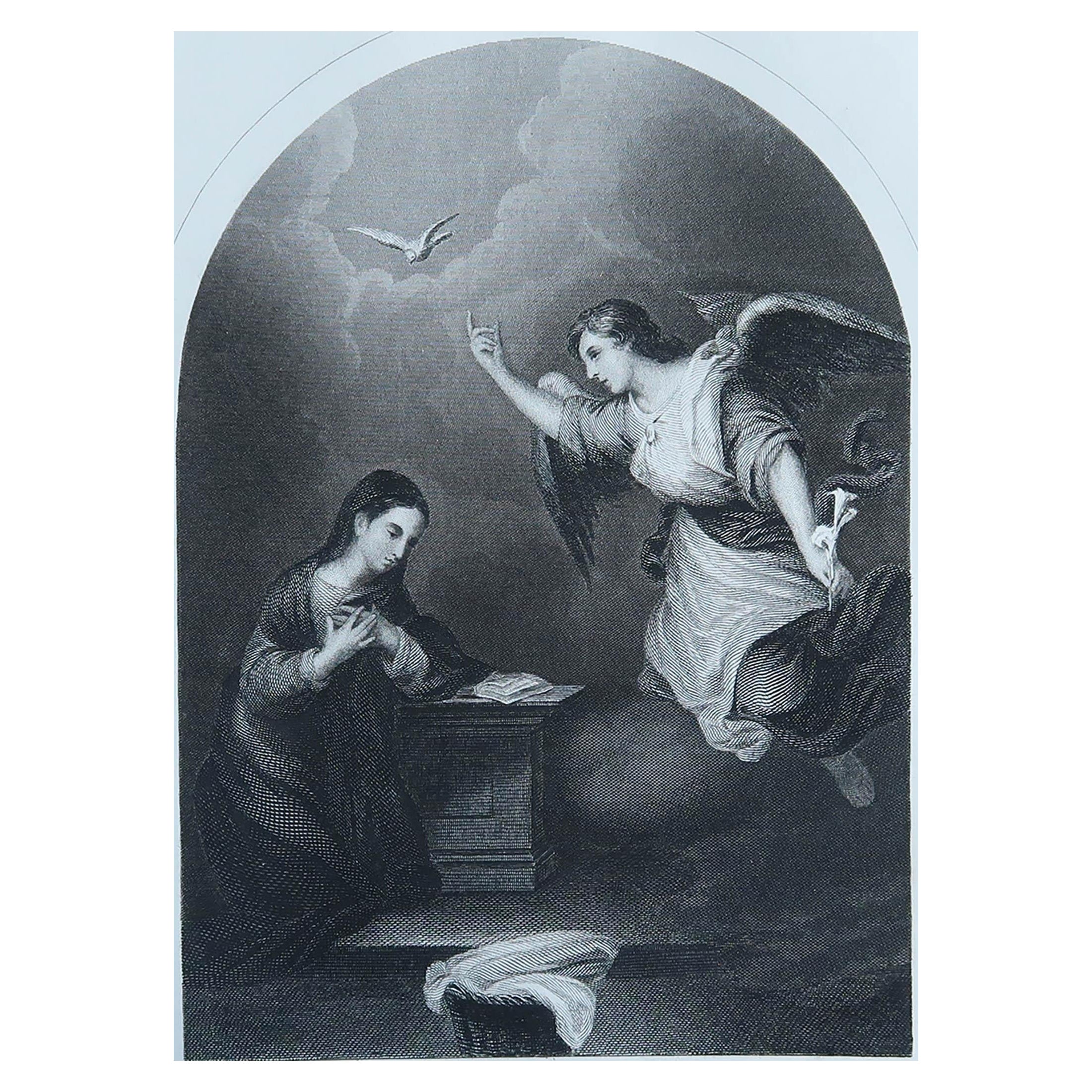 Impression ancienne originale de l'Annunciation d'après Murillo. Circa 1850 en vente