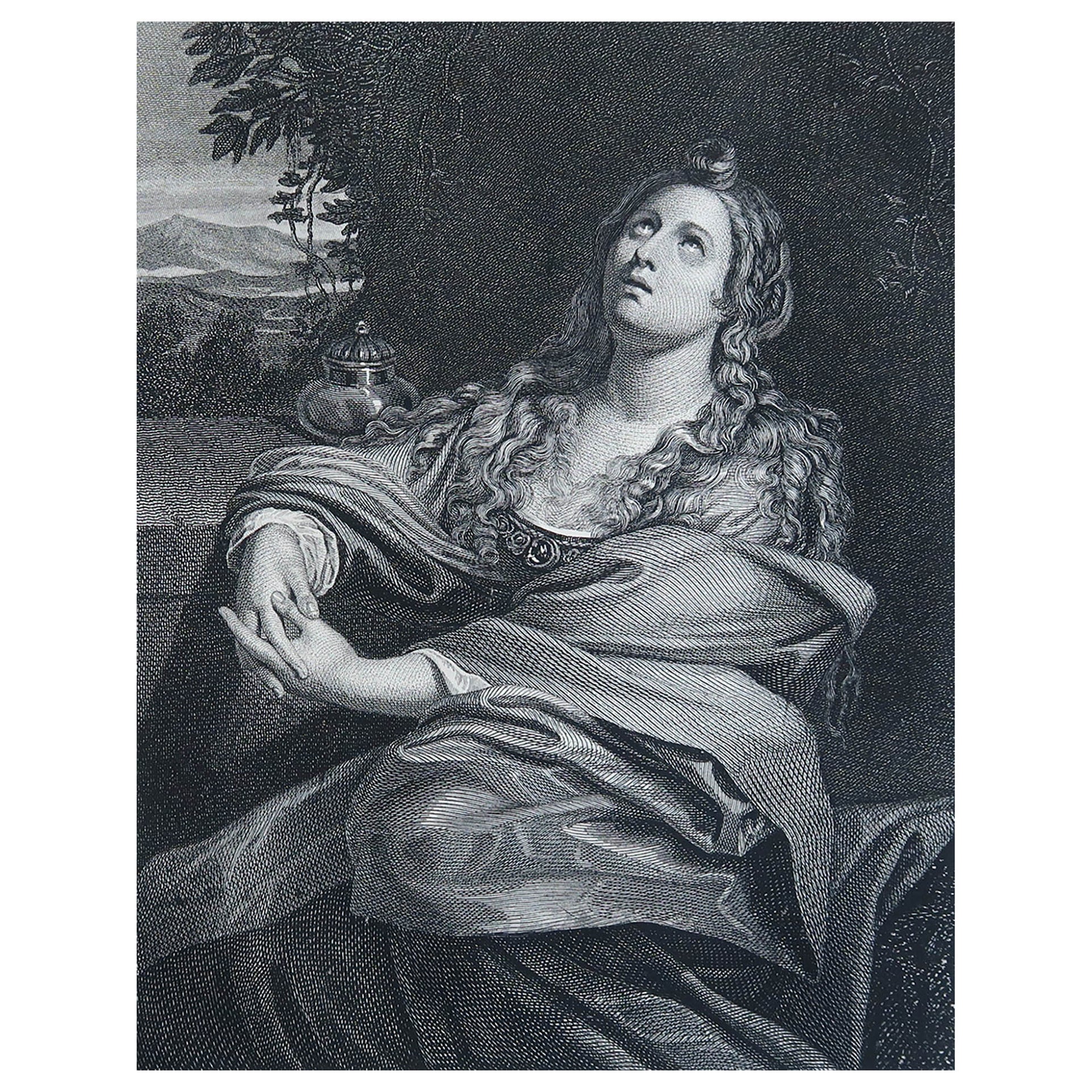 Original Antique Print of Mary Magdalen After Domenichino. Circa 1850 For Sale