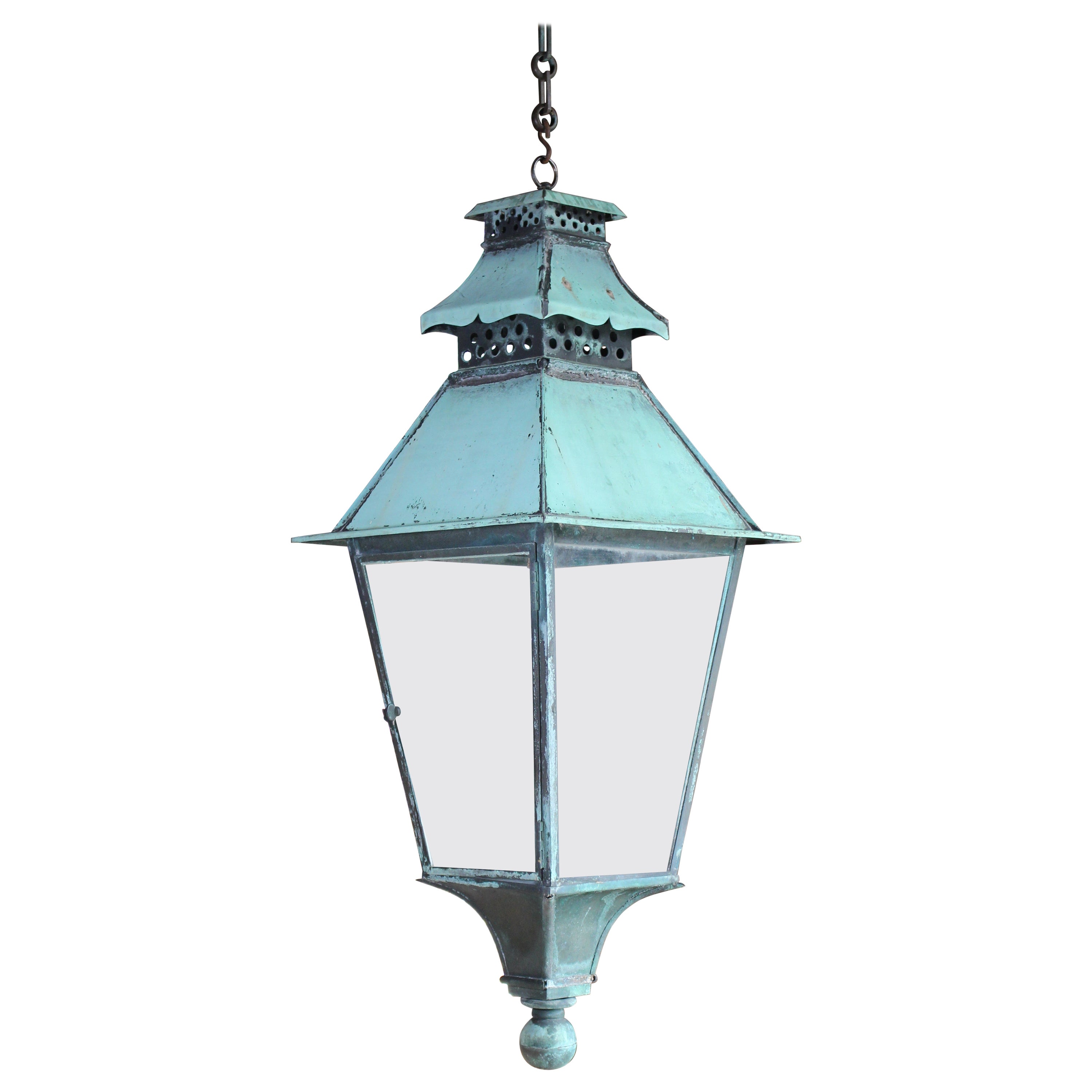 19th Century Large English Victorian Pagoda Verdigris Copper Glazed Lantern For Sale
