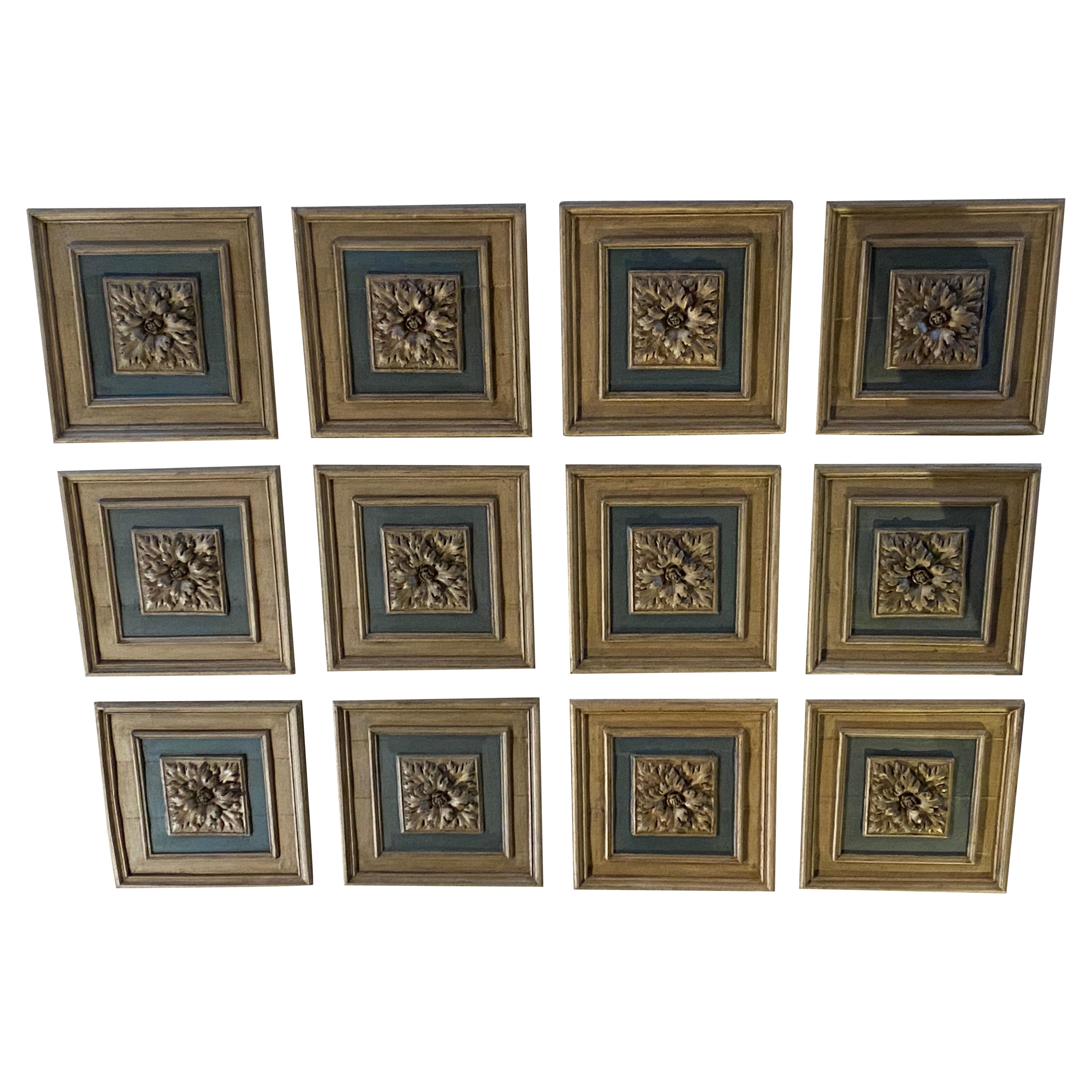 old polychrome wooden coffered ceiling tiles dating from the 19th century For Sale