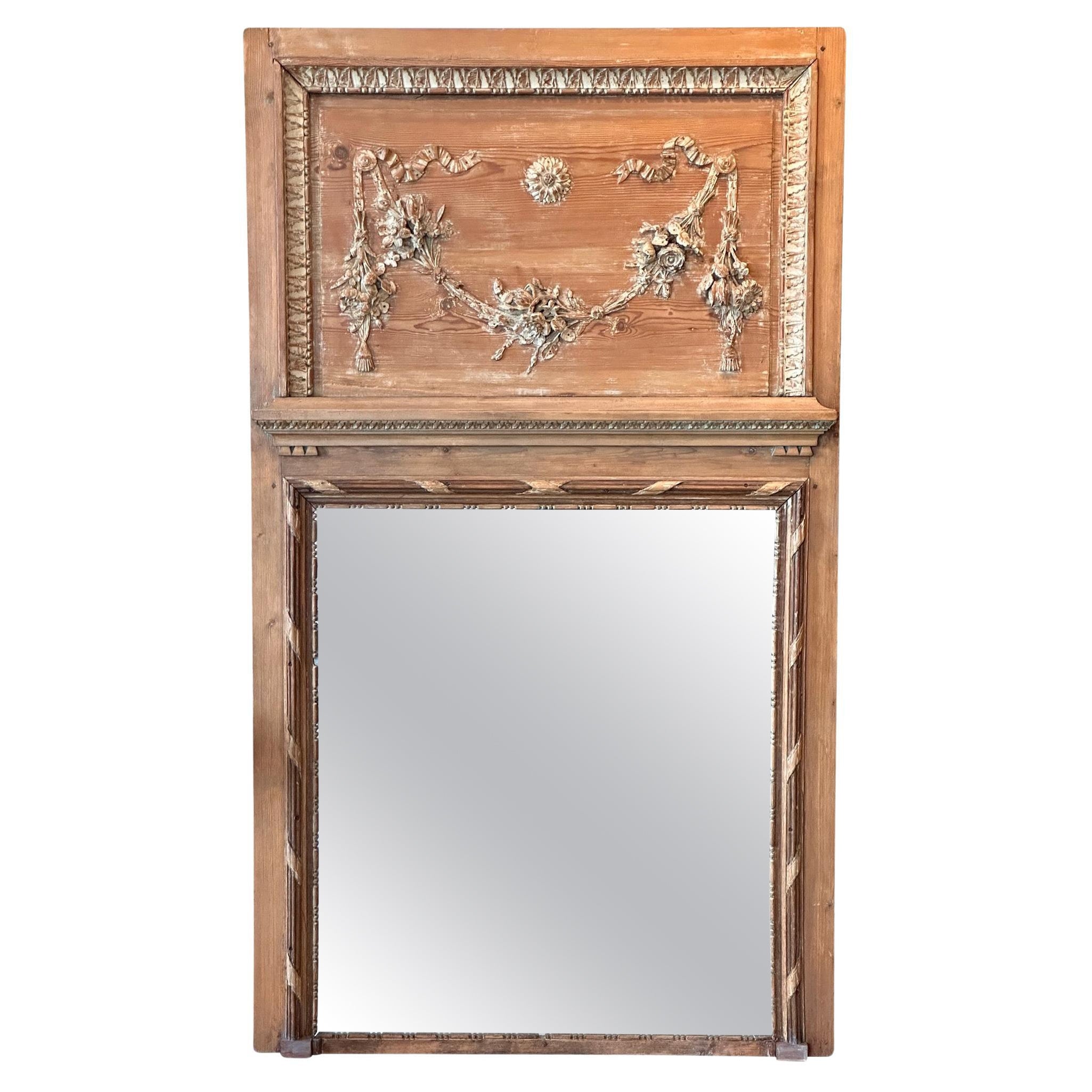 19th Century French Carved Pine Trumeau Mirror