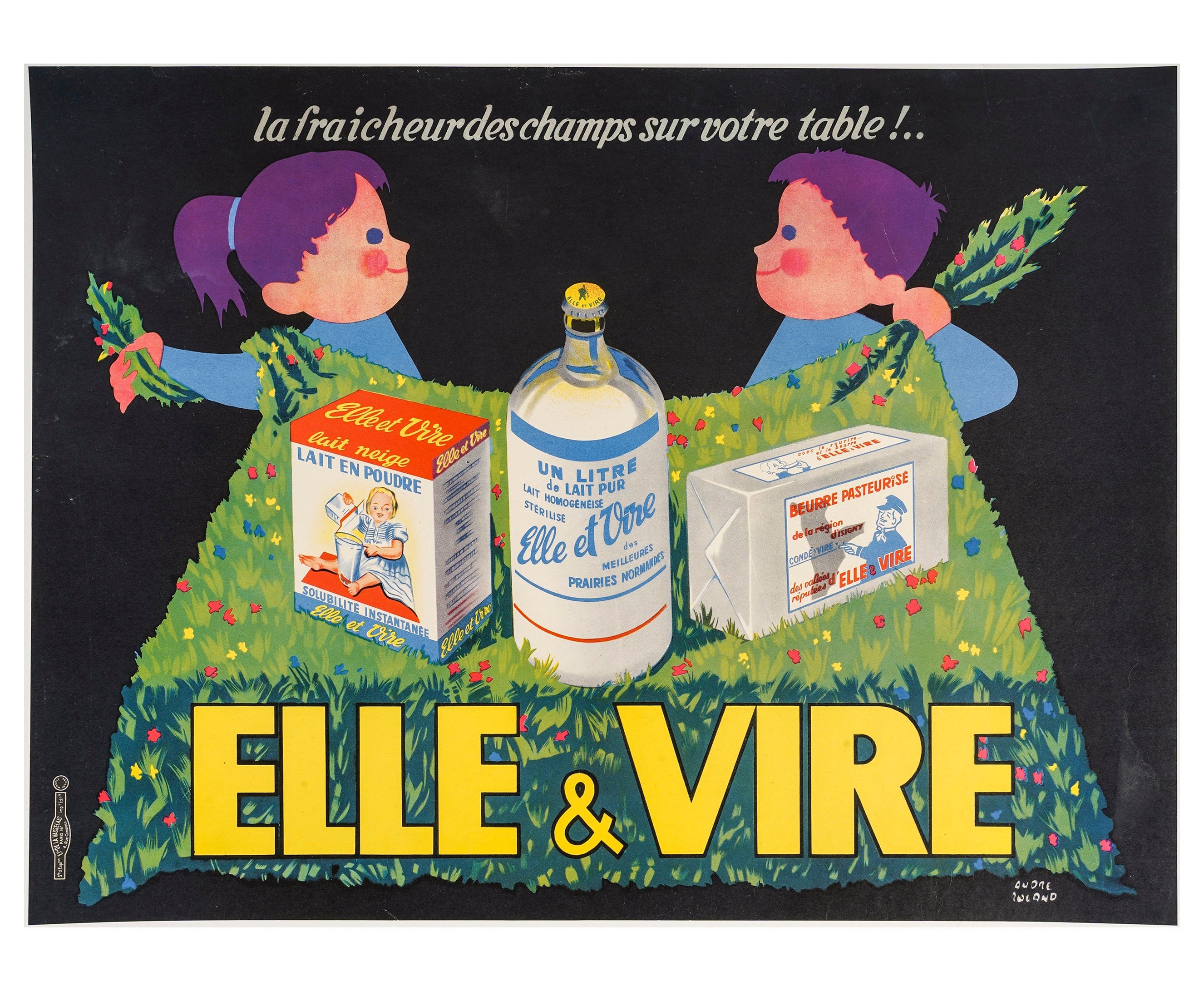 Roland, affiche alimentaire originale, ELLE et VIRE, beurre lait fleurs campagne 1960 en vente