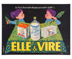 Roland, affiche alimentaire originale, ELLE et VIRE, beurre lait fleurs campagne 1960