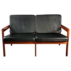 Vintage Danish 2 Seater Sofa Illum Wikkelsø For Niels Eilersen Black Leather Teak 1960s
