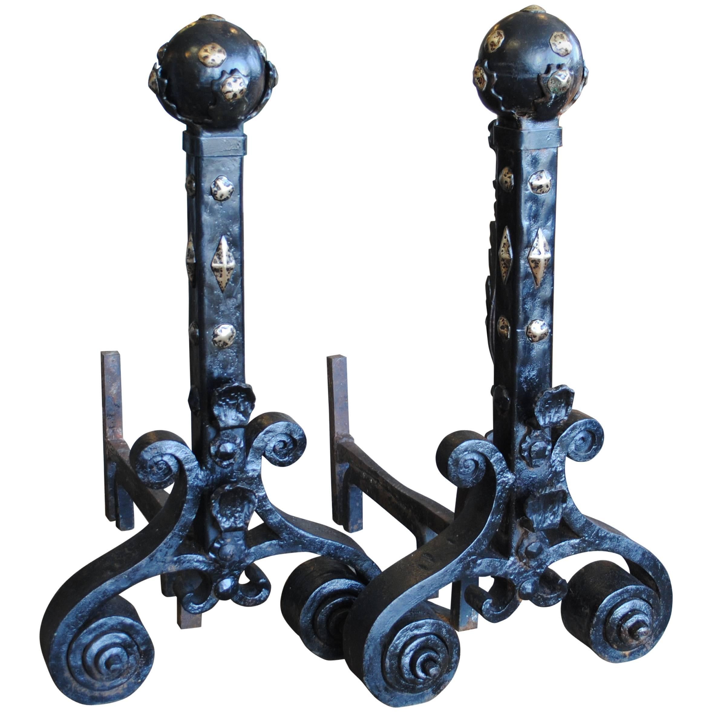 Monumental Pair of Spanish Colonial Revival Andirons For Sale