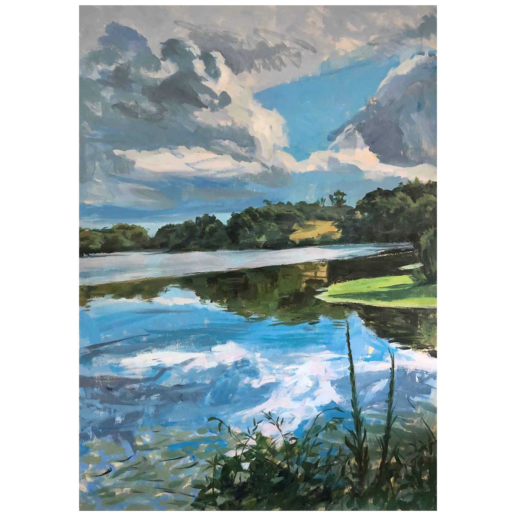 Framed Oil on Canvas "Water Sky Rockfeller Lake" by Susan Stillman For Sale