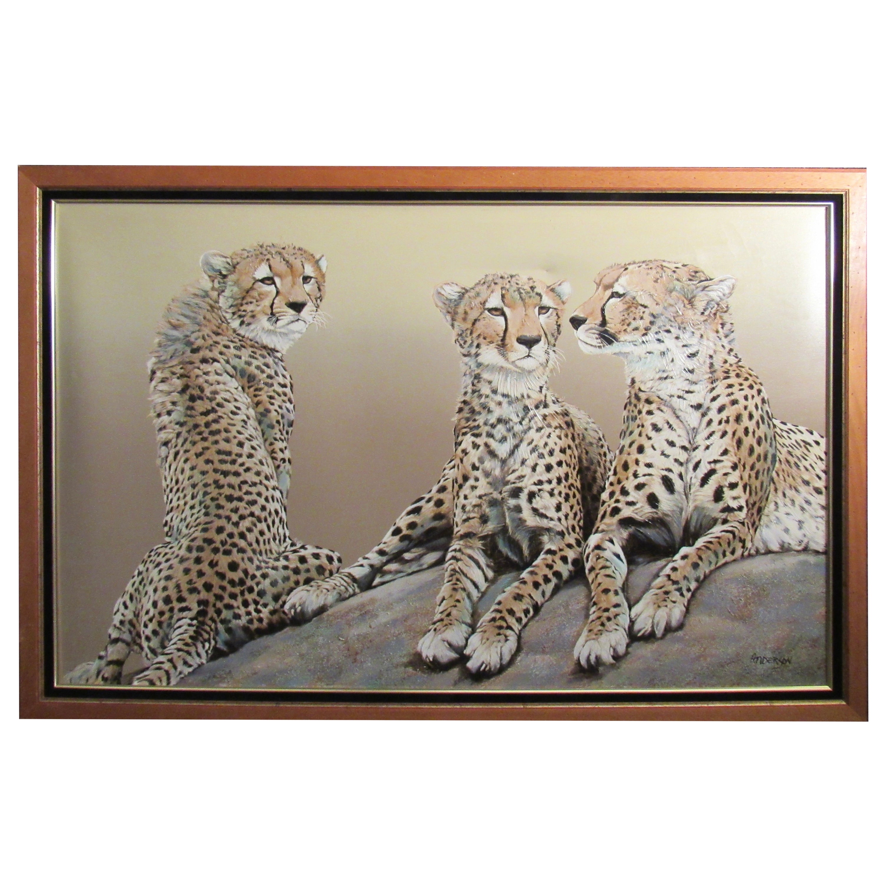 Massive Cheetah Coalition Oil Painting by Anderson For Sale