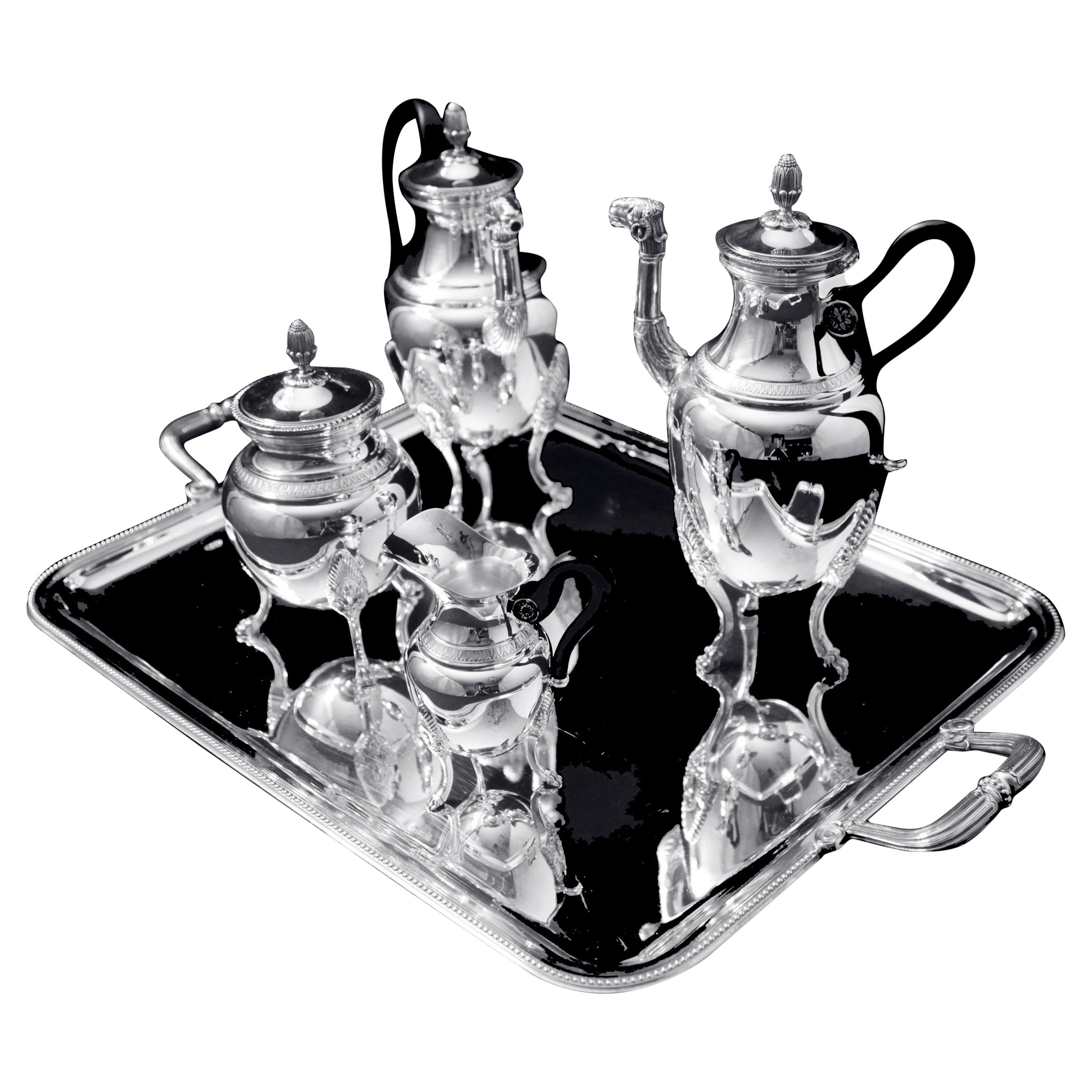 Christofle, 5pc. Service à thé avec plateau de style Empire en métal argenté - qualité musée !