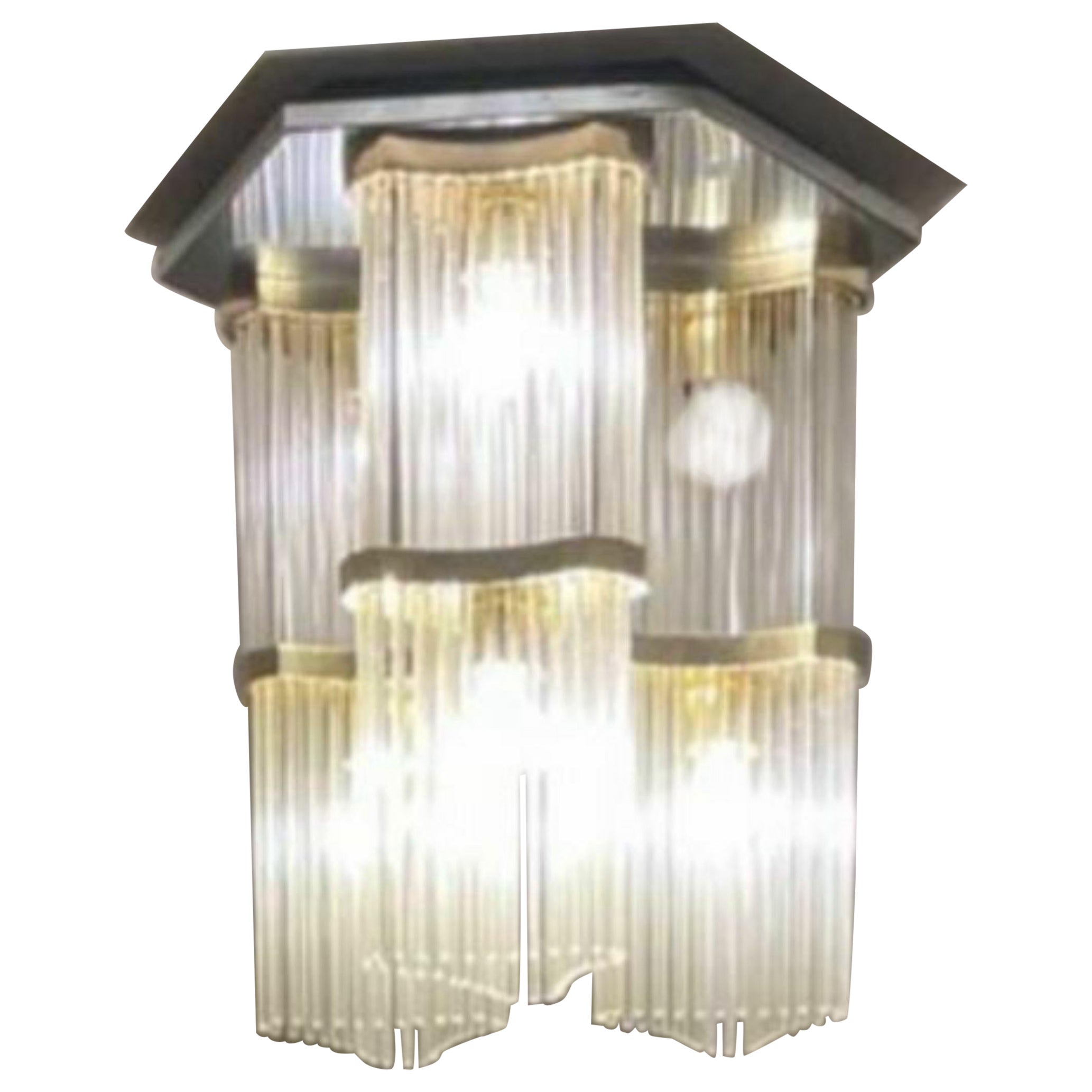 Gaetano Sciolari for Lightolier Two-Tiered Glass Rod Brass Chandelier Lamp Light For Sale