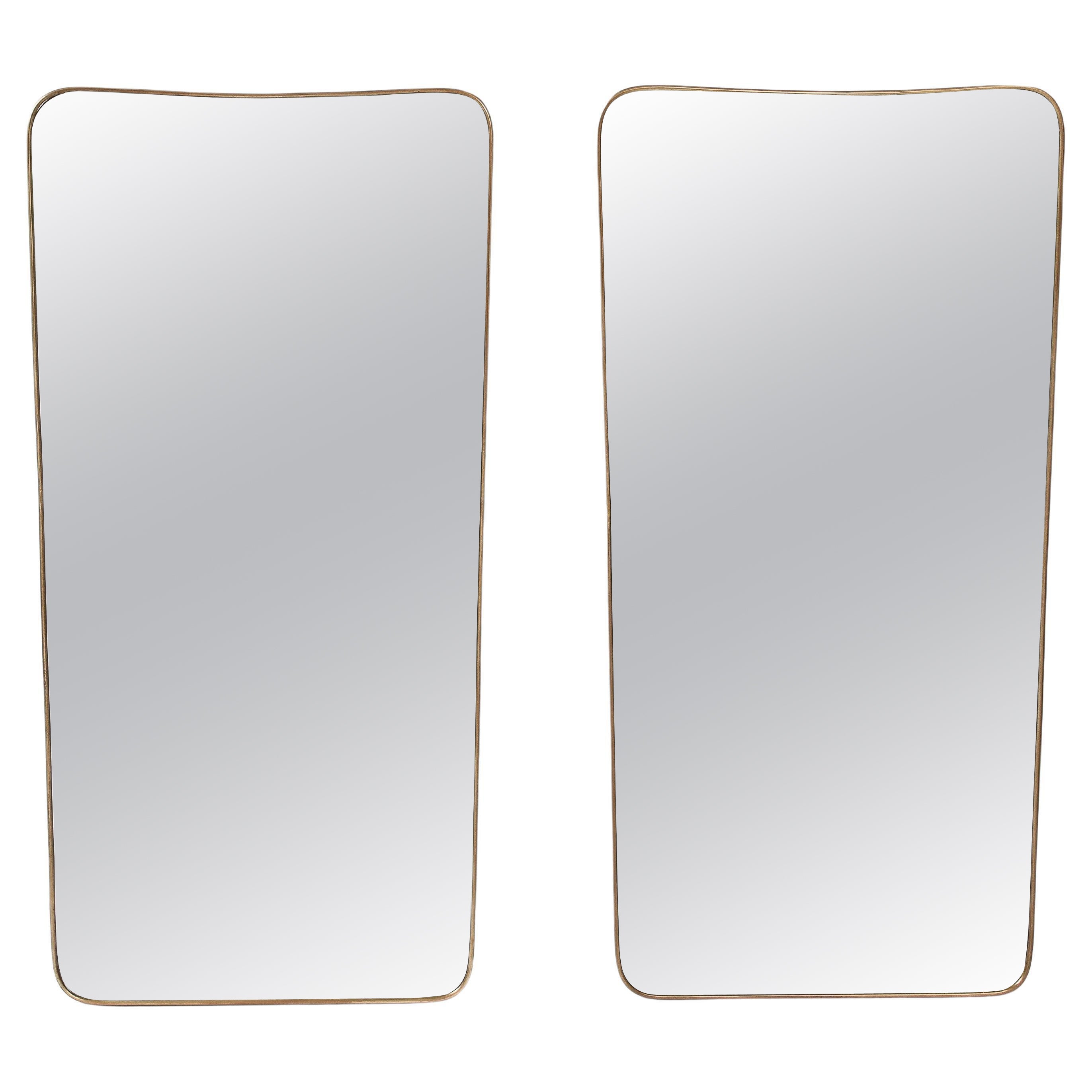 Midcentury Italian Modernist Pair of Large Shaped Brass Mirrors, 1950s For Sale