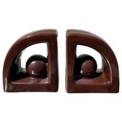 1980 Brown Ceramic Abstract shape bookend a pair