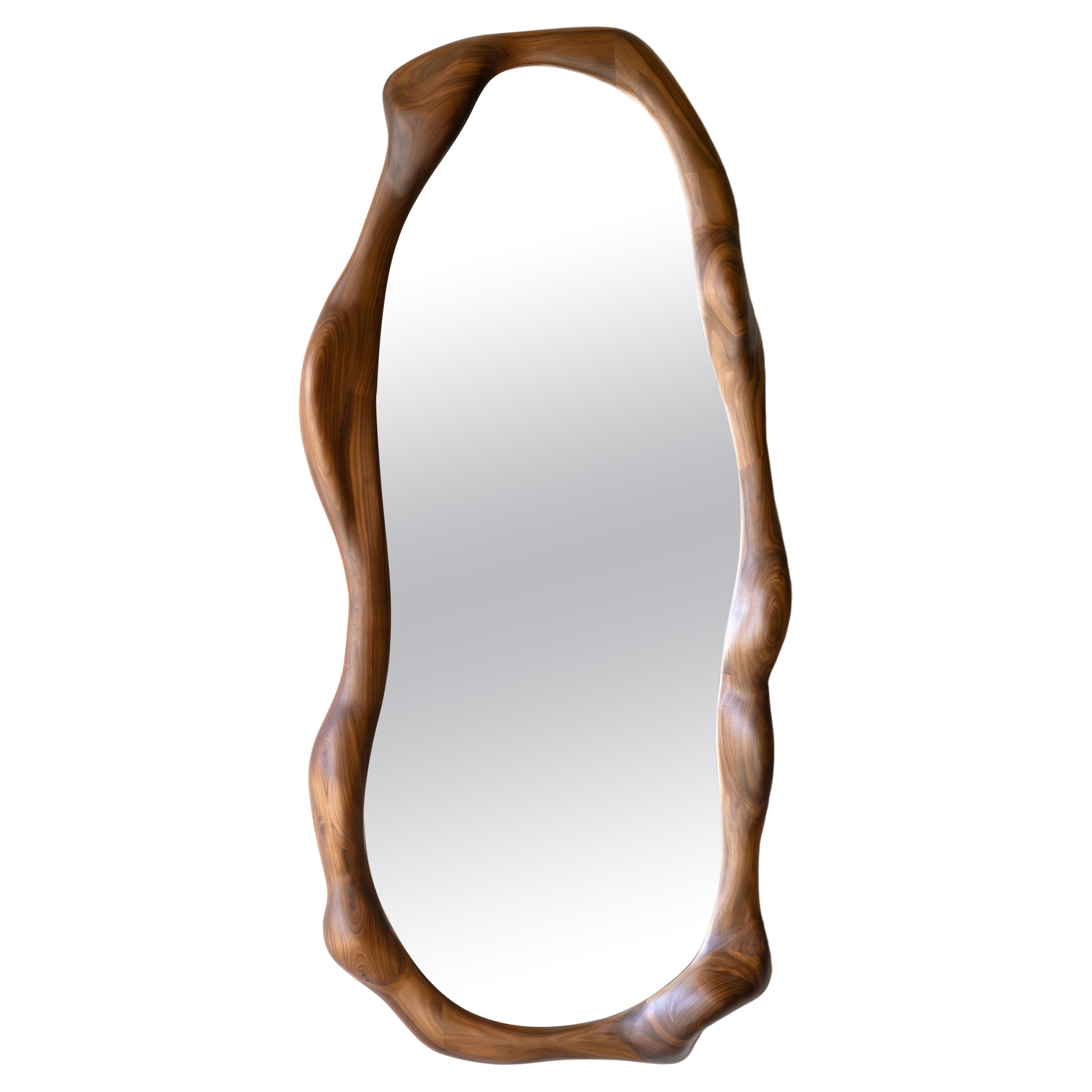 Big Sculptural Mirror in Walnut Wood For Sale