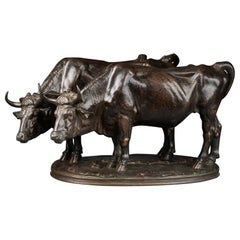 Alfred Jacquemart: „Harnessed oxen“, F.Barbedienne-Bronzeskulptur aus Bronzeskulptur, XIX. Jahrhundert