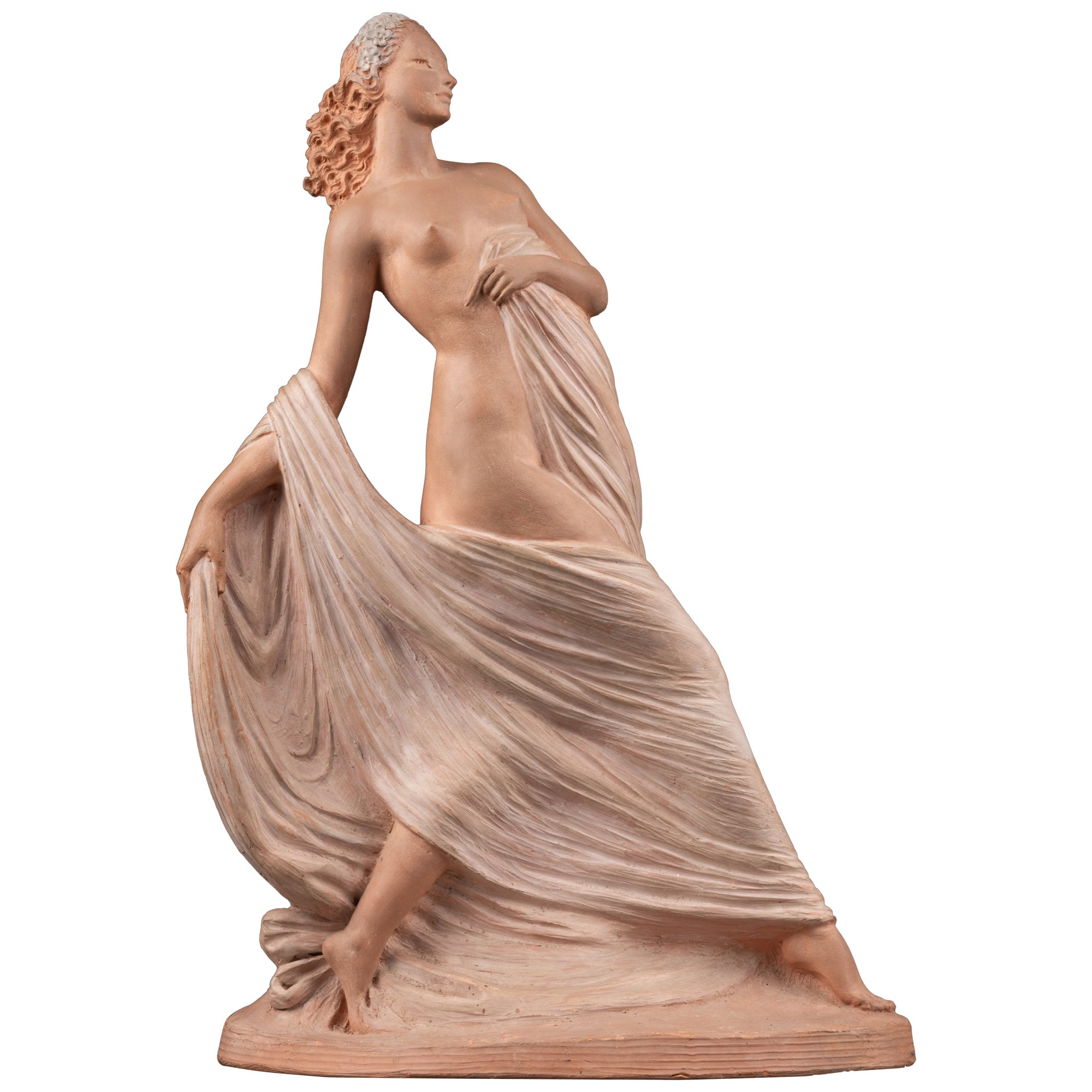 Joe Descomps dit "Cormier": "Woman removing a veil", Terracota sculpture, C.1940 For Sale