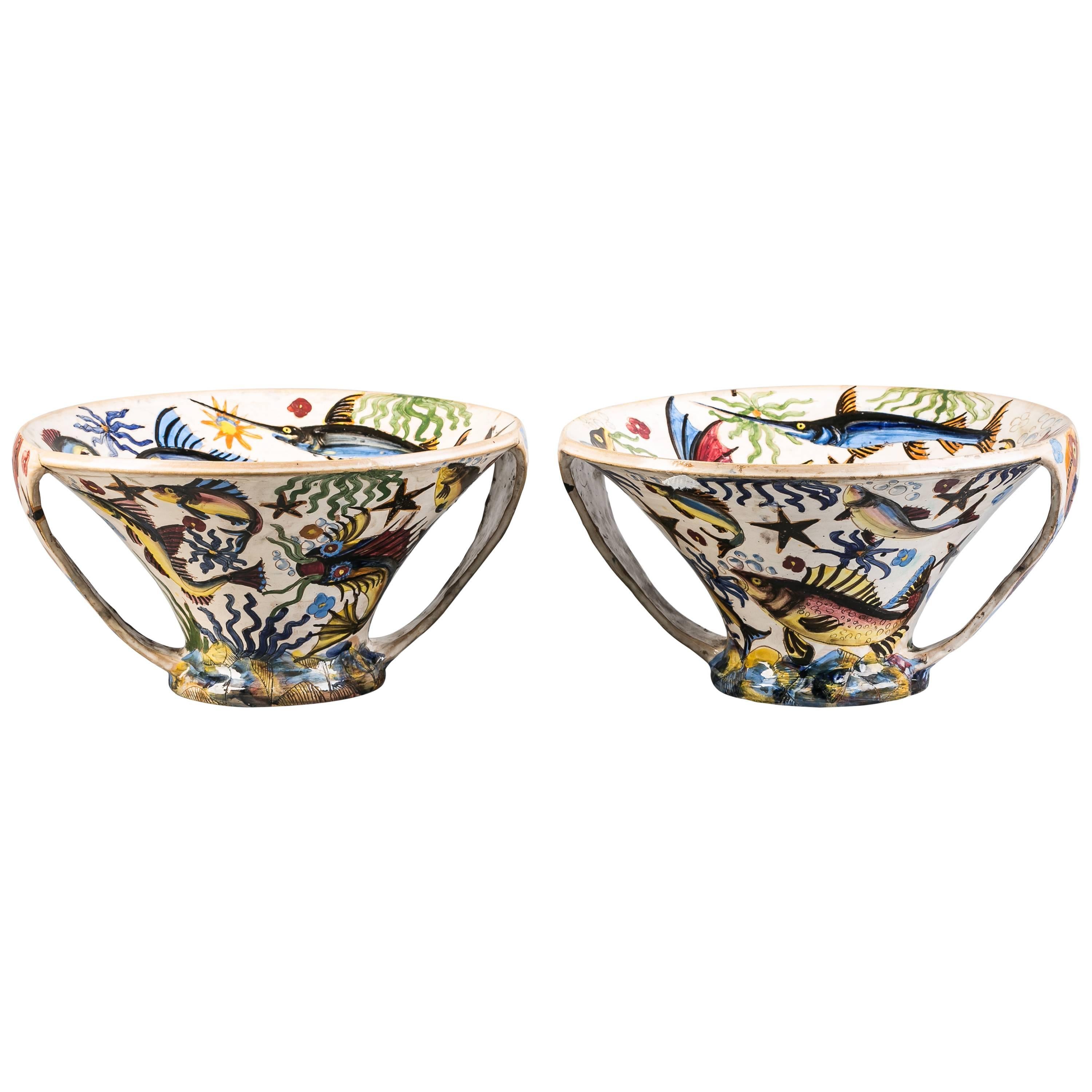 Pair of Italian Ceramic Two-Handled Conical Centrepiece Bowls, circa 1900 For Sale
