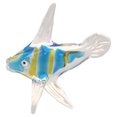 Figurine décorative de poisson en verre de Murano soufflé bleu clair et jaune, Italie