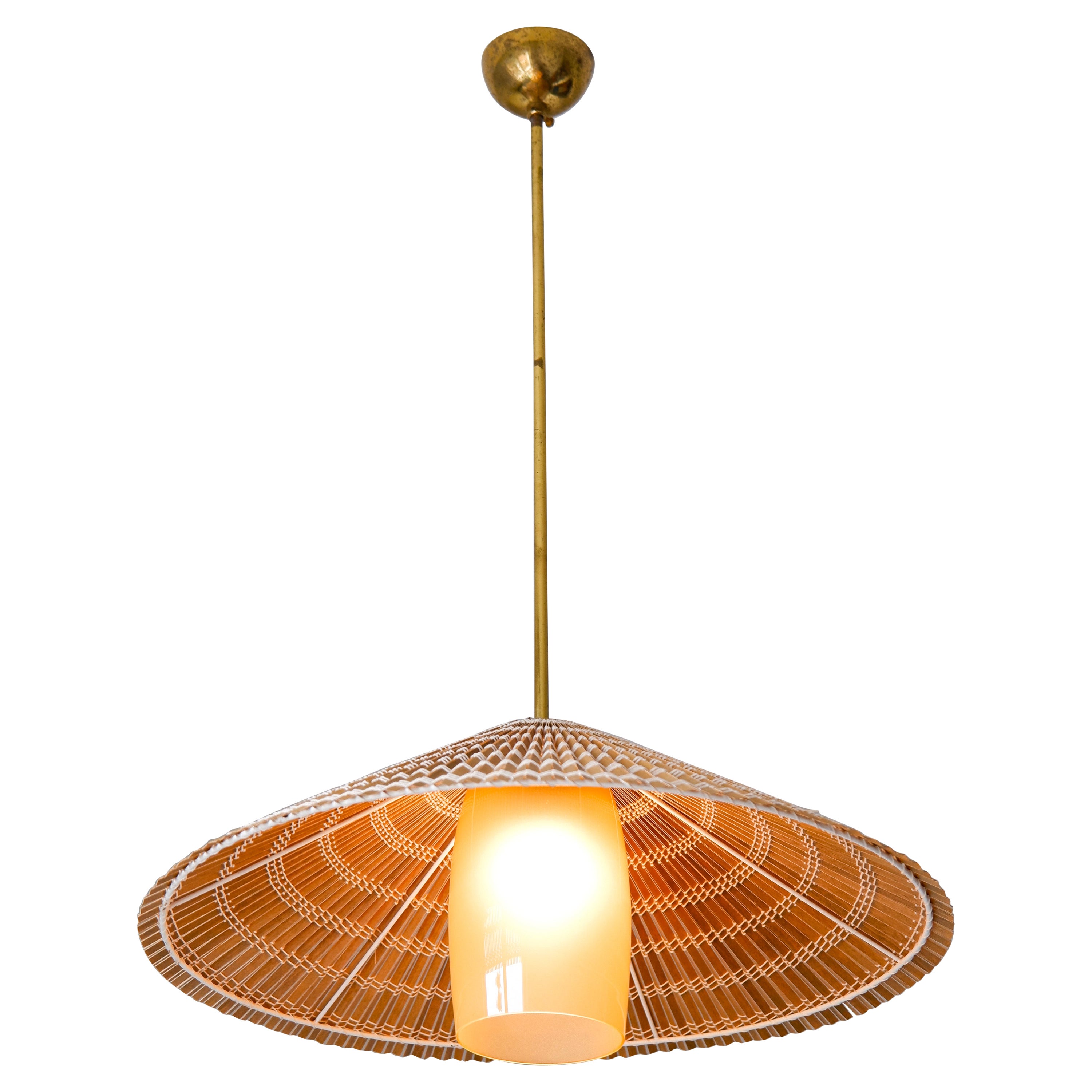 Paavo Tynell pendant model 1083 for Taito, brass, Opal & rattan For Sale