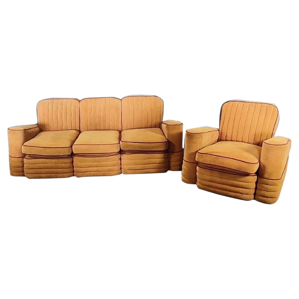 Art Deco French Modular Airborne Sofa & Armchair Orange Velvet Mid Century For Sale