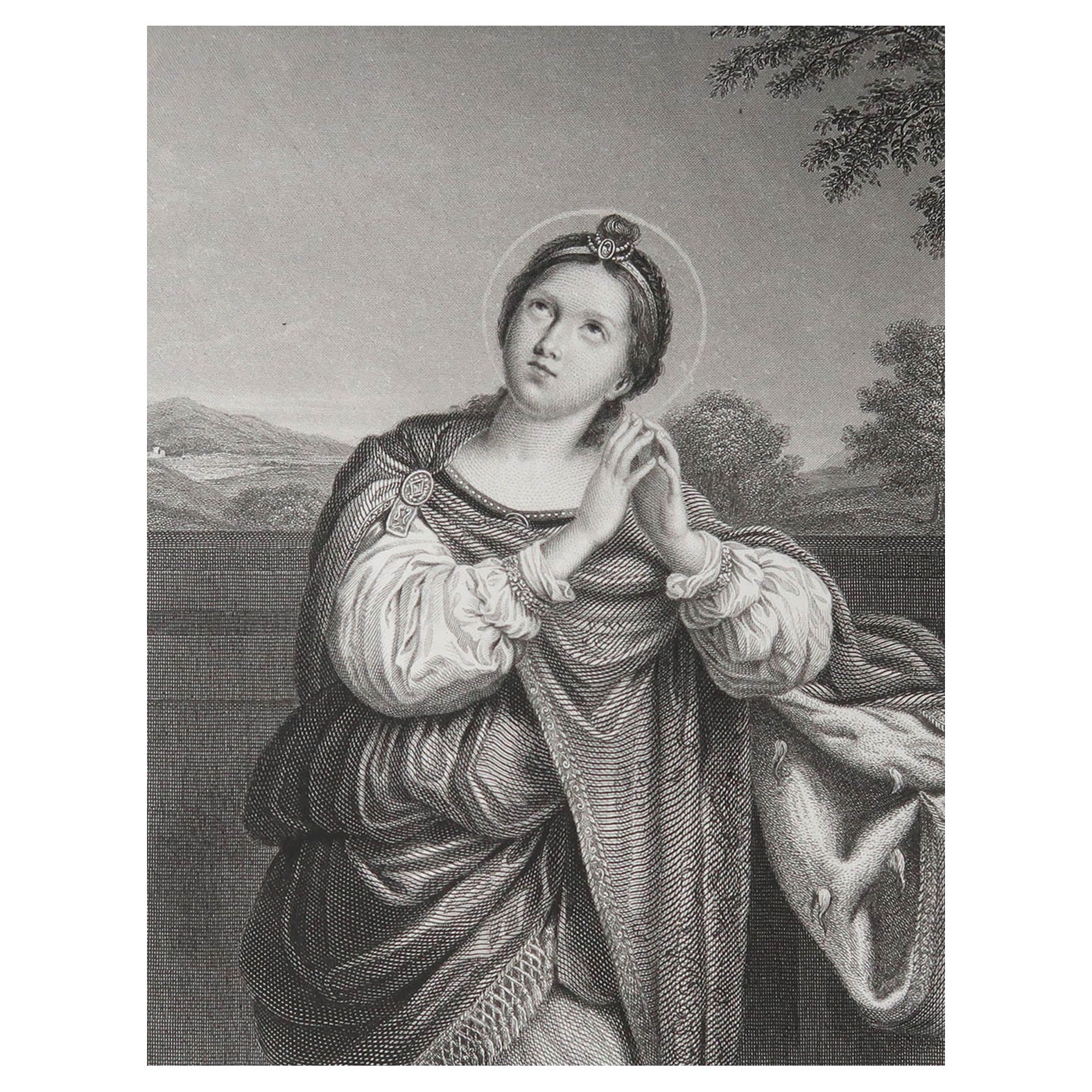 Original Antique Print of St Agnes. After Domenichino. C.1850 For Sale