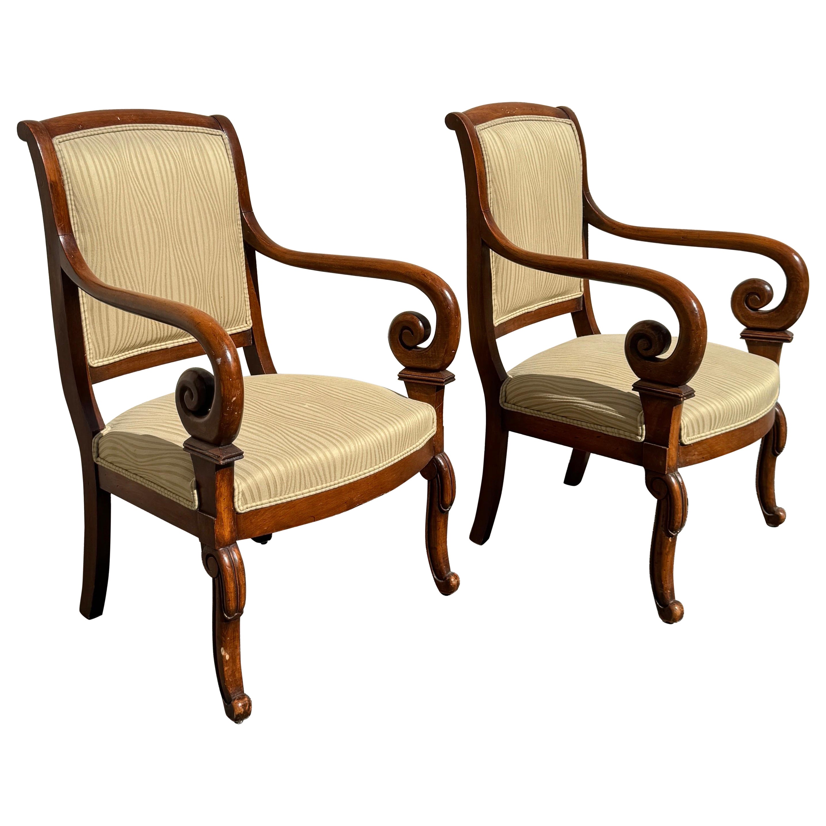 Vintage French Louis Philippe Mahogany Scroll Form Fauteuil Armchairs