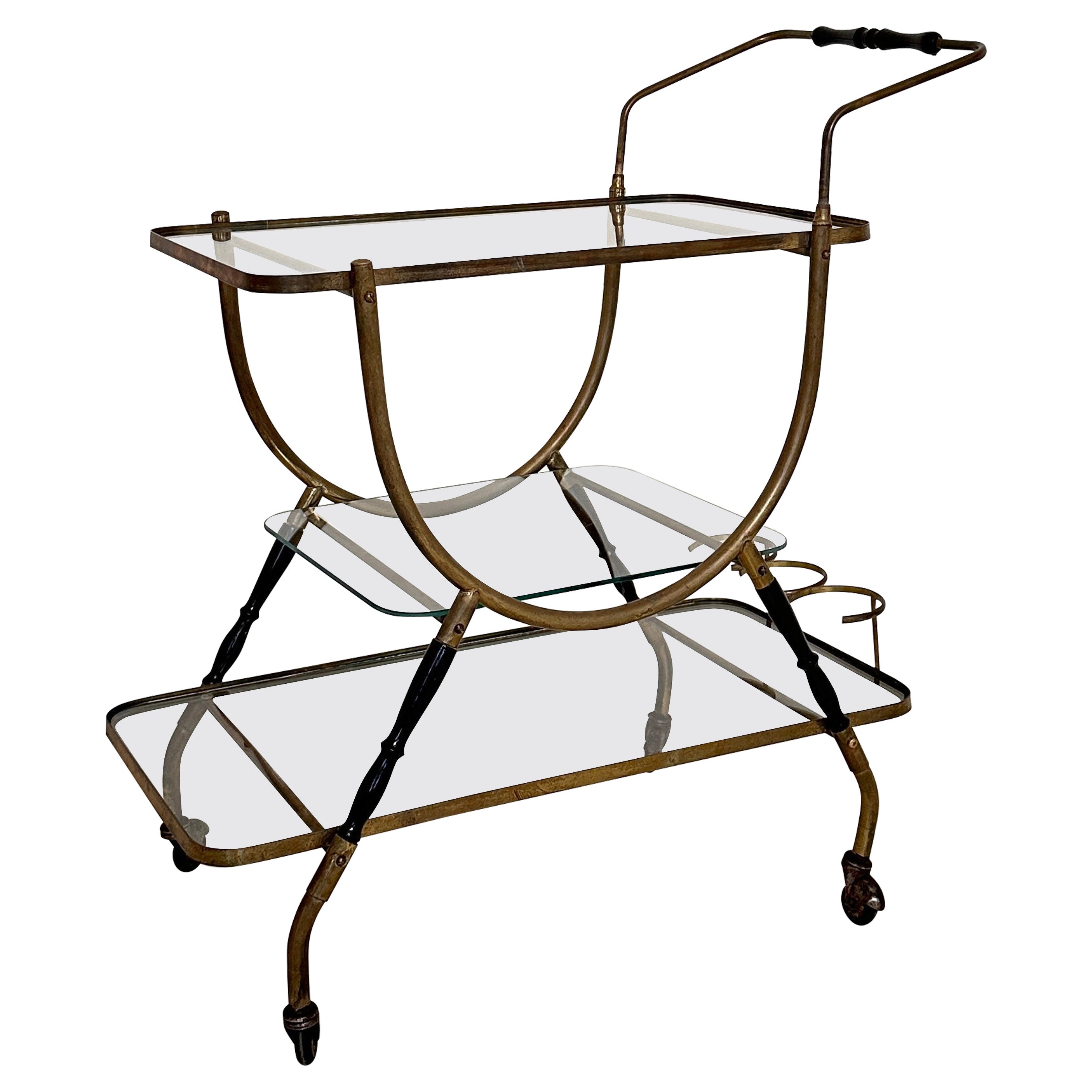Mid Century Italian Bar Trolly by Cesare Lacca in Brass and Black Wood, around 1