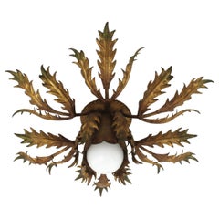 Vintage Spanish Sunburst Foliage Flush Mount Light Fixture in Gilt Metal