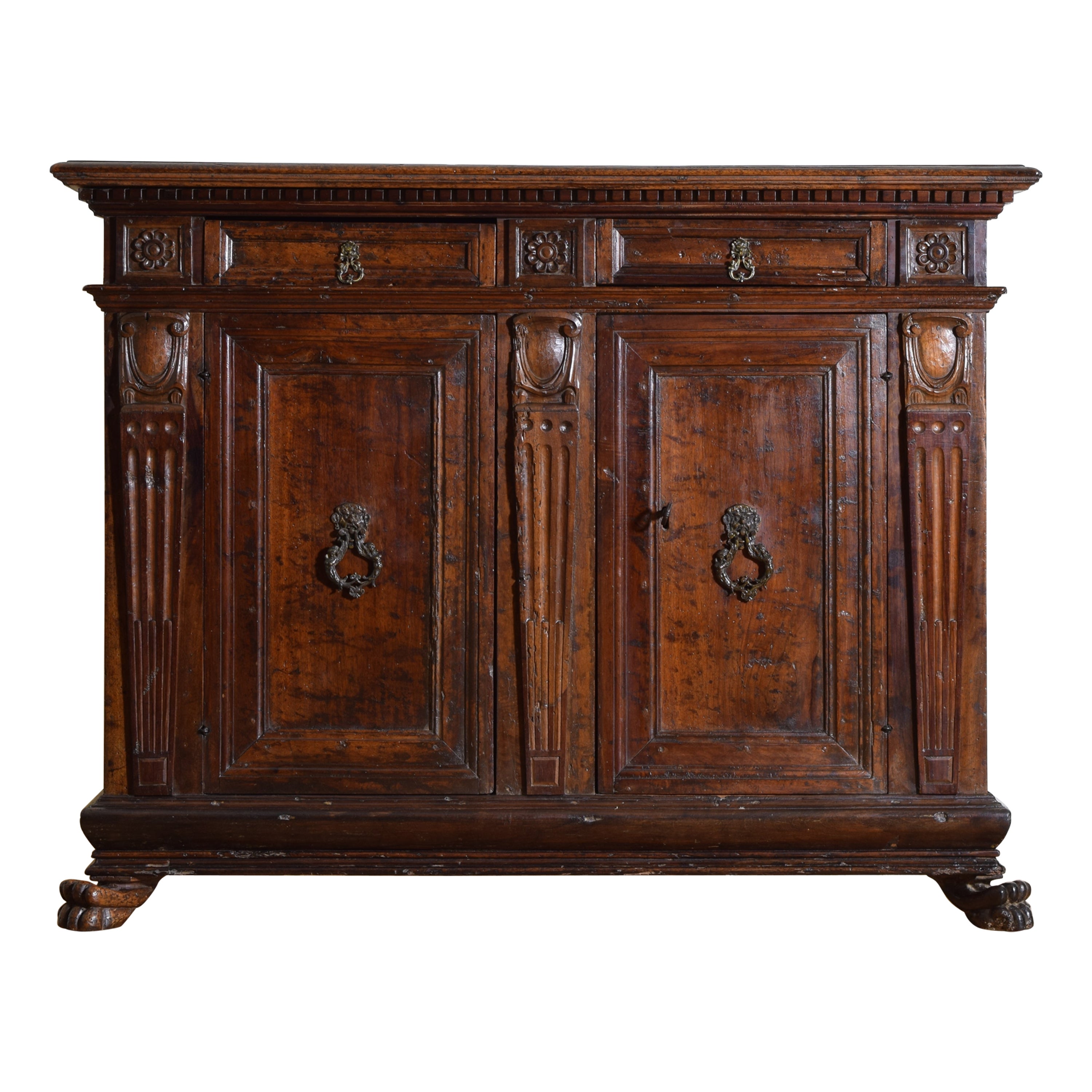 Italian Late Renaissance Carved Walnut 2-Drawer, 2-Door Credenza, 17th century For Sale