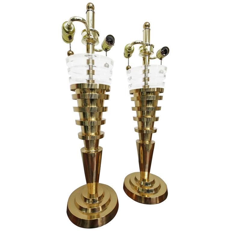 Pair of Architectural Stacked Lucite Table Lamps with Finial and