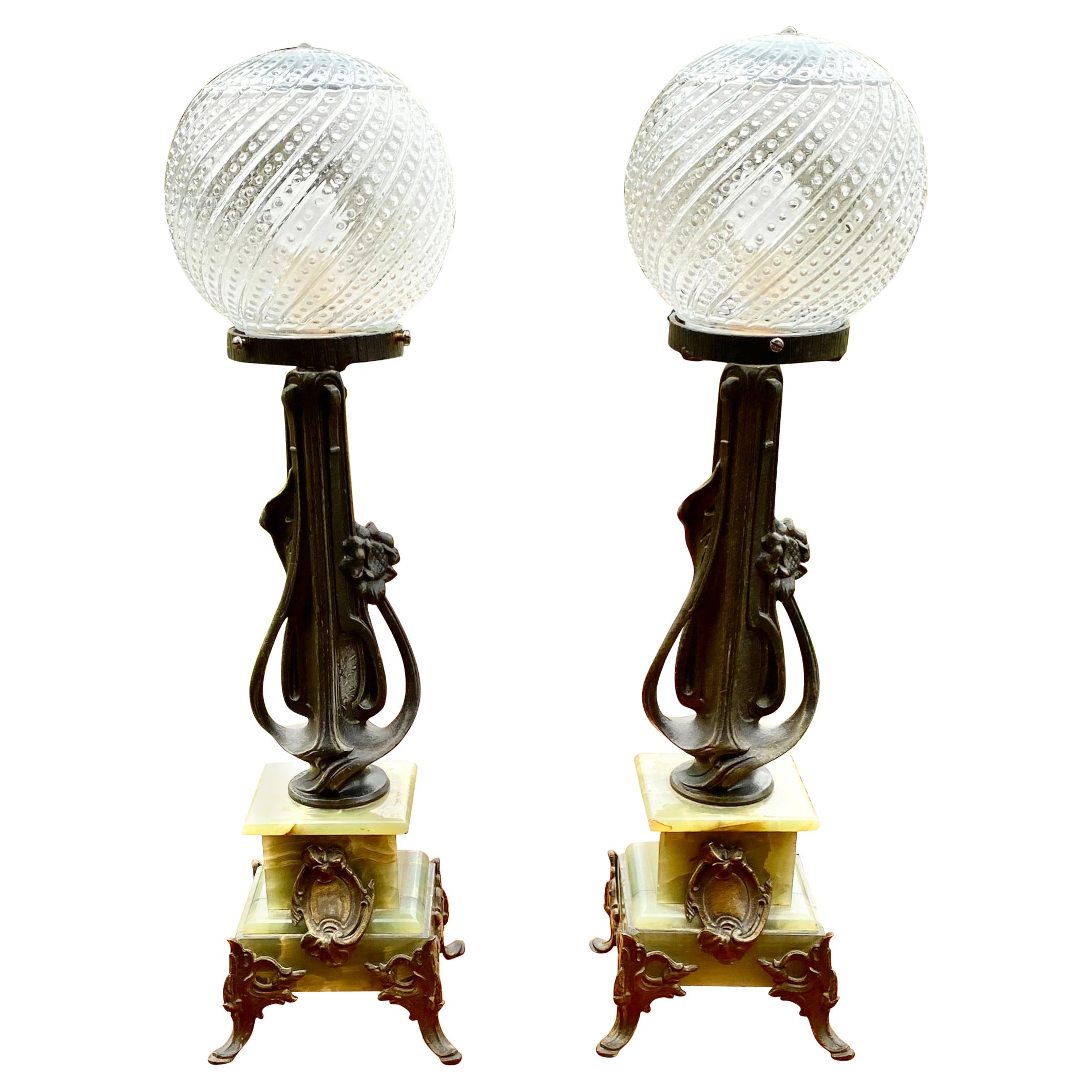 A Pair of Antique Art Nouveau Onyx and Metal Lamps For Sale