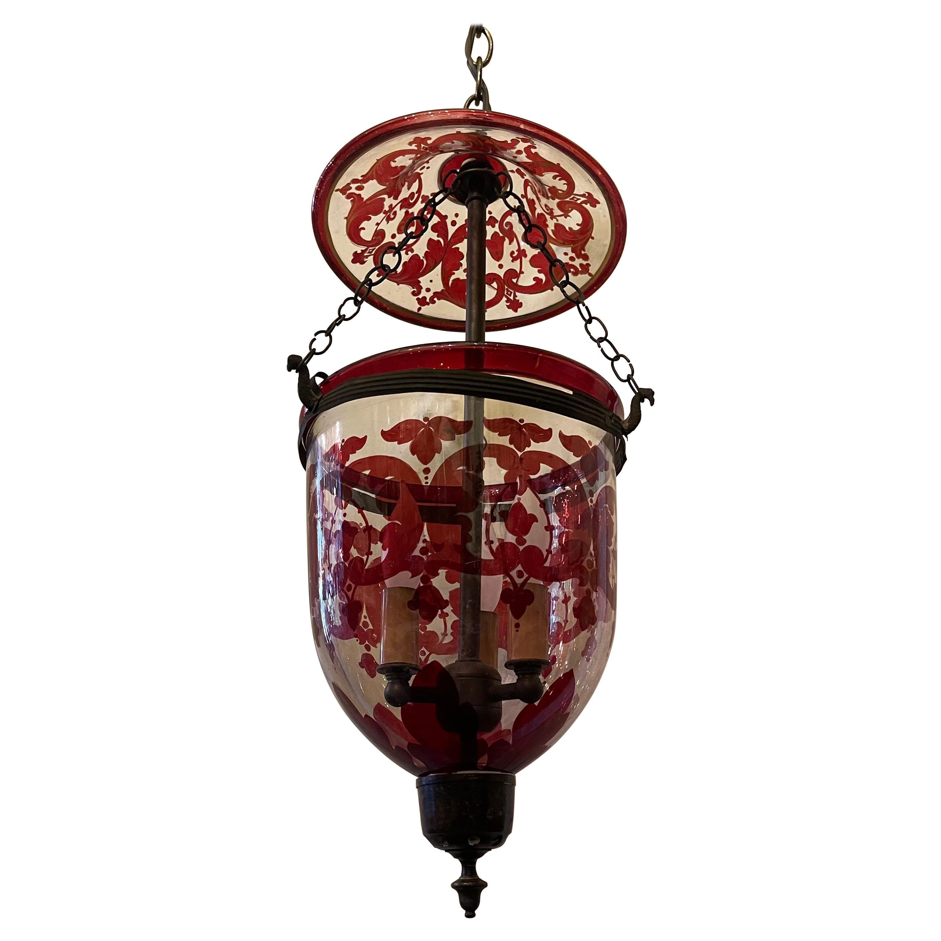 Wonderful Cranberry Red Clear Glass Bell Jar Lantern Light Fixture Pendent  For Sale