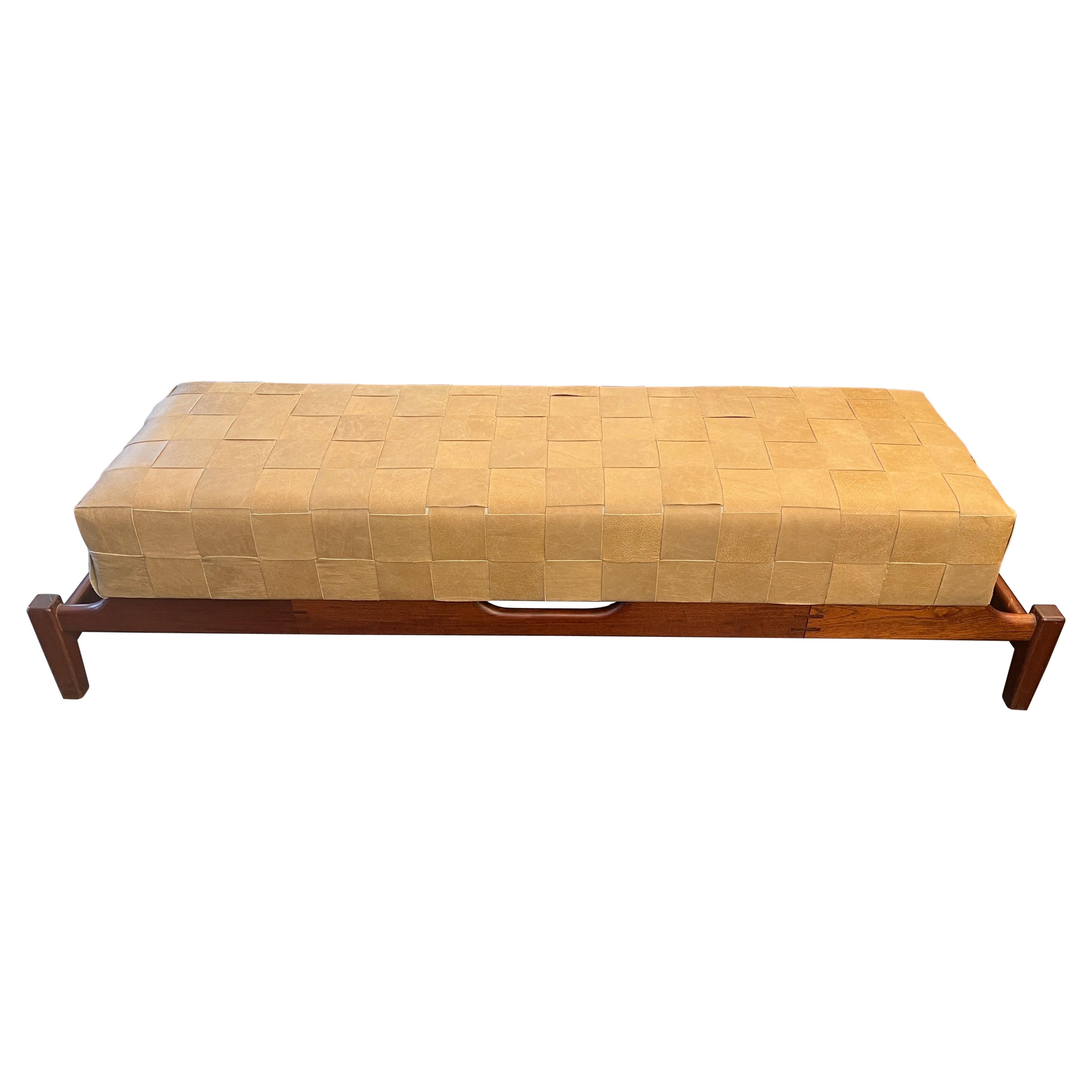 A fabulous Large walnut and woven leather bench  For Sale