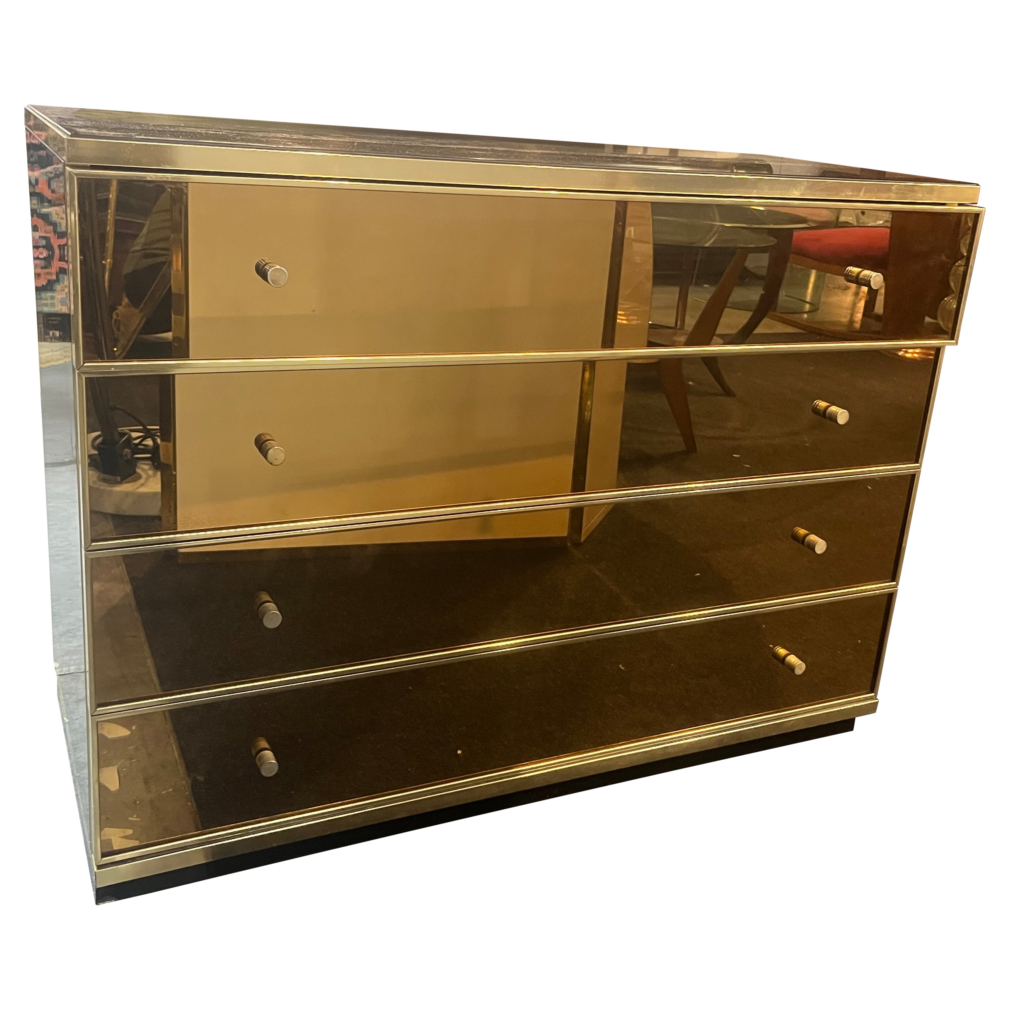 Renato Zevi 1970s mirror and brass chest of drawers For Sale