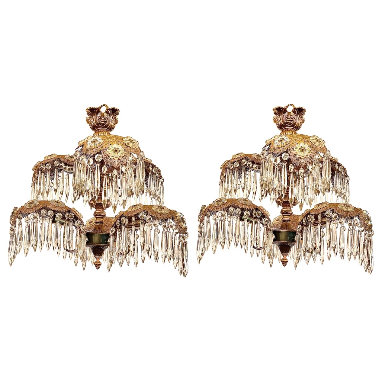 Pair Estate French Gold Bronze and Cut Crystal Palm Chandeliers, Circa 1940-1950 For Sale